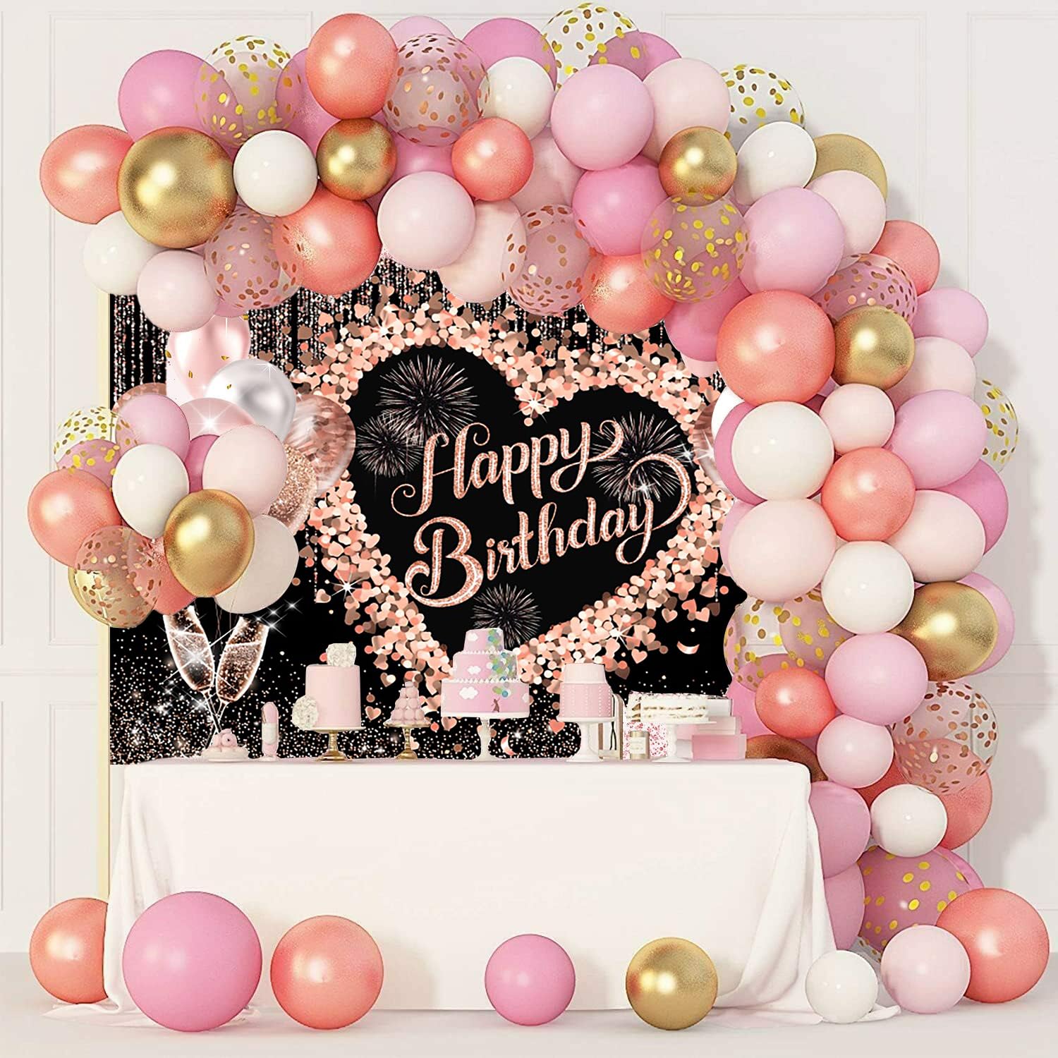 3x2.4m Sfondo Buon Compleanno Rosa Glitter Palloncini Tacchi alti Champagne Vetro Fotografia Sfondo Donne Ragazze Decorazioni Festa di compleanno Banner Photo Booth Props