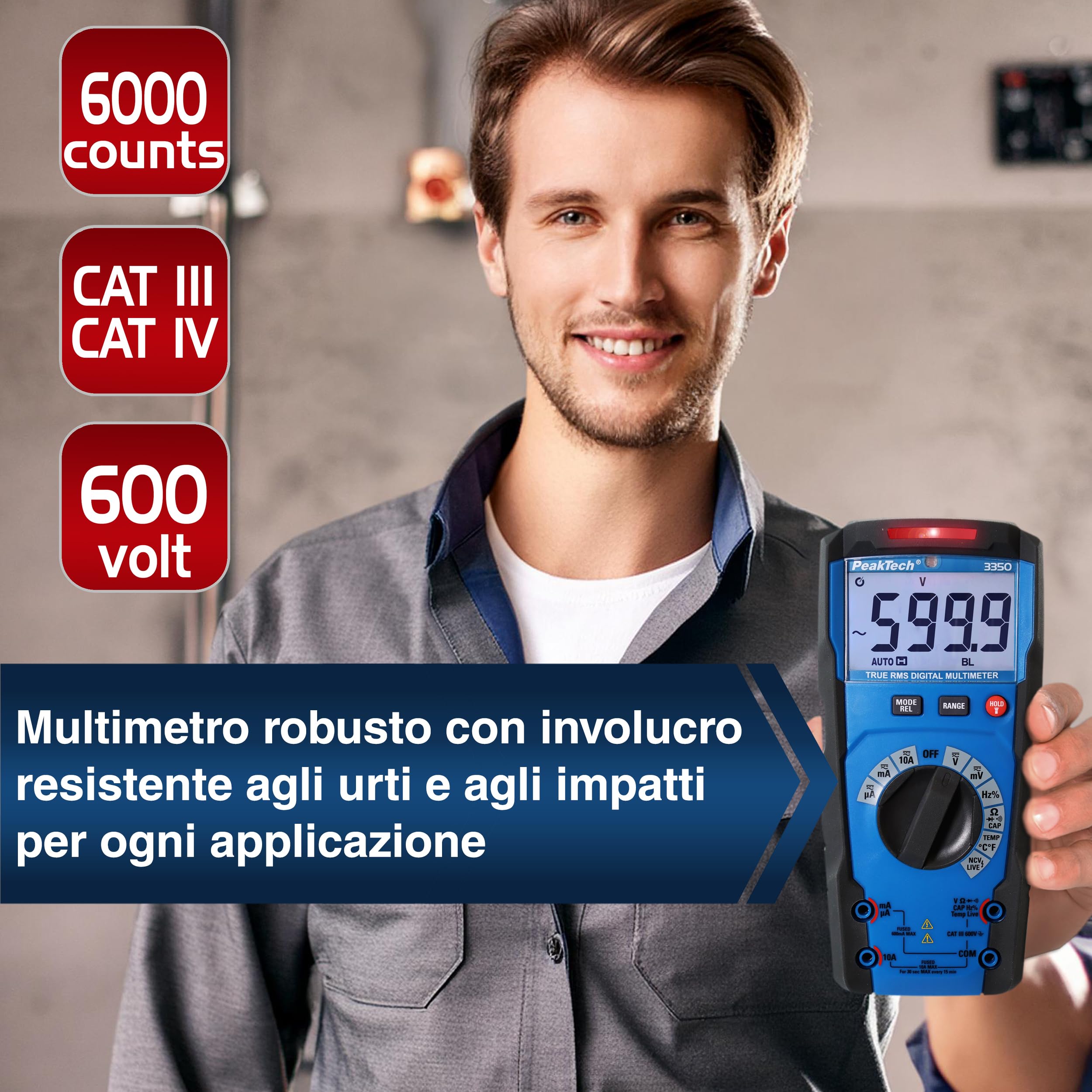 PeakTech 3350 - True RMS Multimeter mit Digital Anzeige Strommessgerät mit 6000 Counts Profi-Messgerät für Elektriker 10A AC/DC - CAT III 600V, automatische Bereichswahl