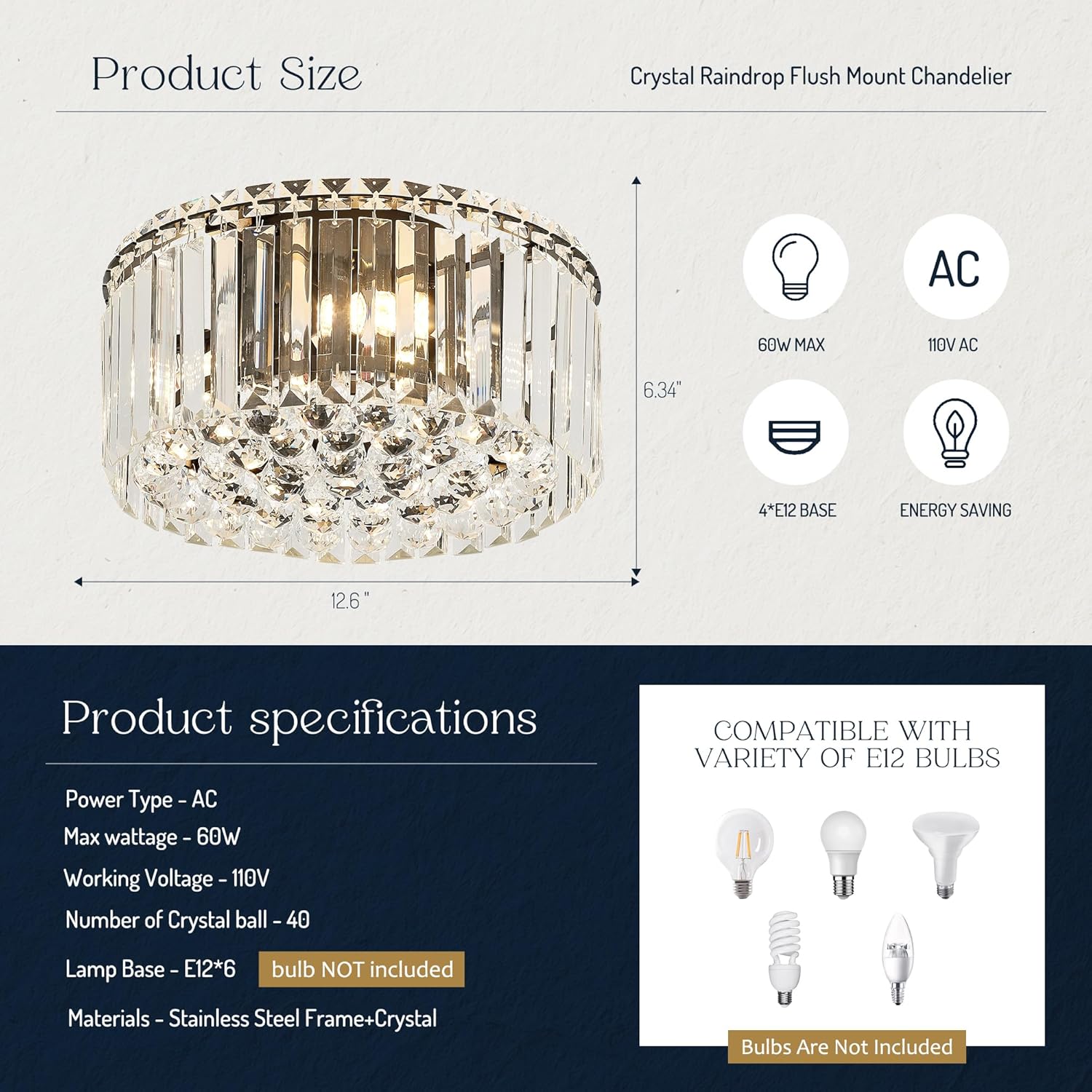12.6" Black K9 Crystal Raindrop Flush Mount Ceiling Light, Modern Chandelier, Round Luxury Light Fixture for Dining Room, Bedroom, Hallway, Kitchen Island & Living Room