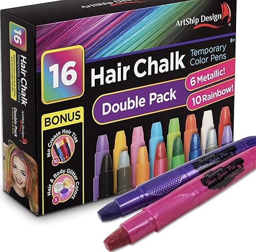 Tiza para el cabello, 16 colores con 6 colores brillantes, bolígrafos temporales de color para el cabello con purpurina y lazos para el cabello sin