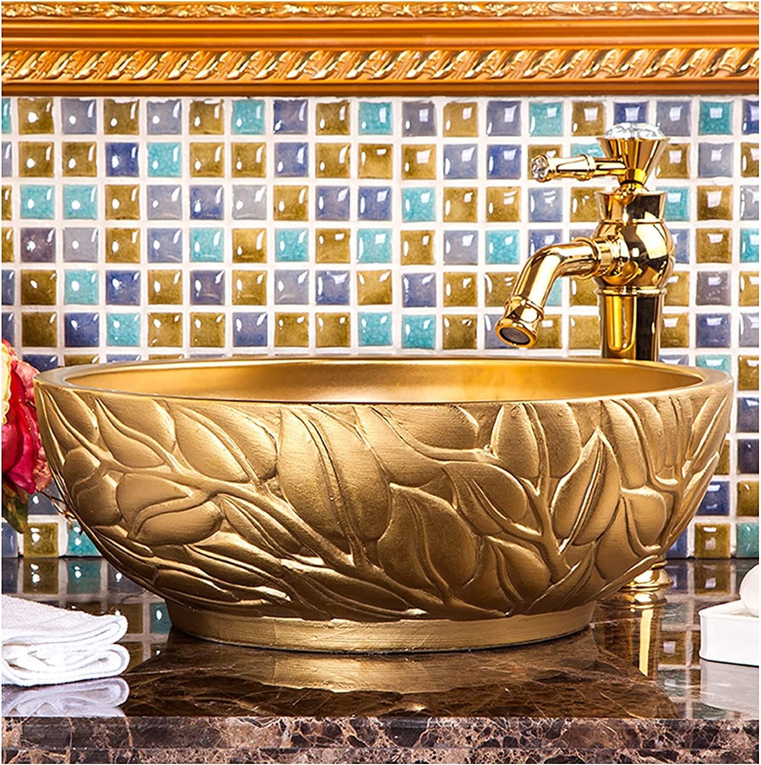 Gljtuo B Vessel Sinks, Athroom Vessel Sink Luxury Hotel Art Sink Athrooms Ceramic Wash Asin Round Vessel Sinks For Athrooms Counter Top Mounted Round Vessel Sink No Overflow S,-One Size