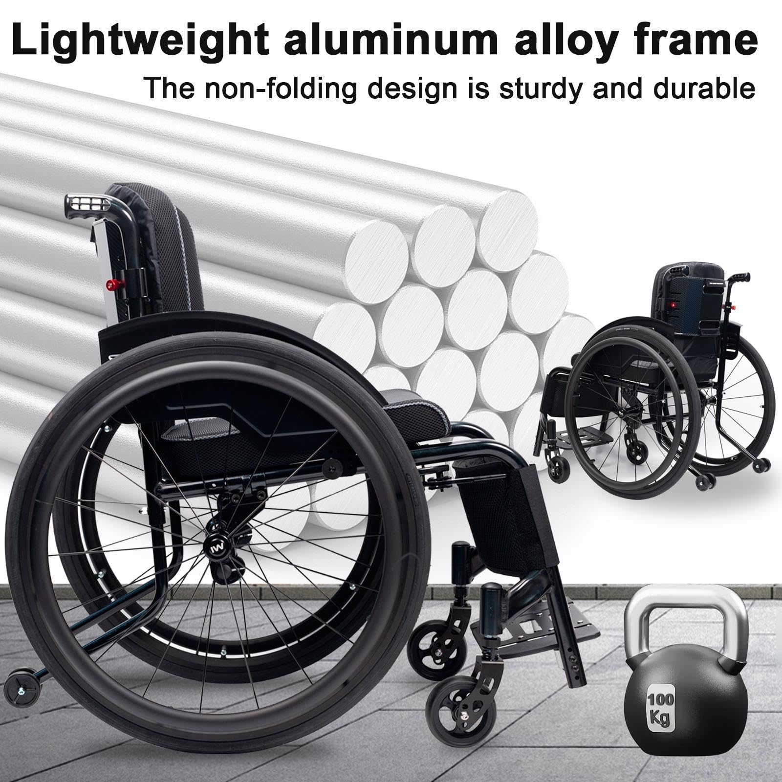 Lekki sportowy wózek inwalidzki, rama ze stopu aluminium, nieskładana, czarny (B, szerokość siedziska: 42 cm)