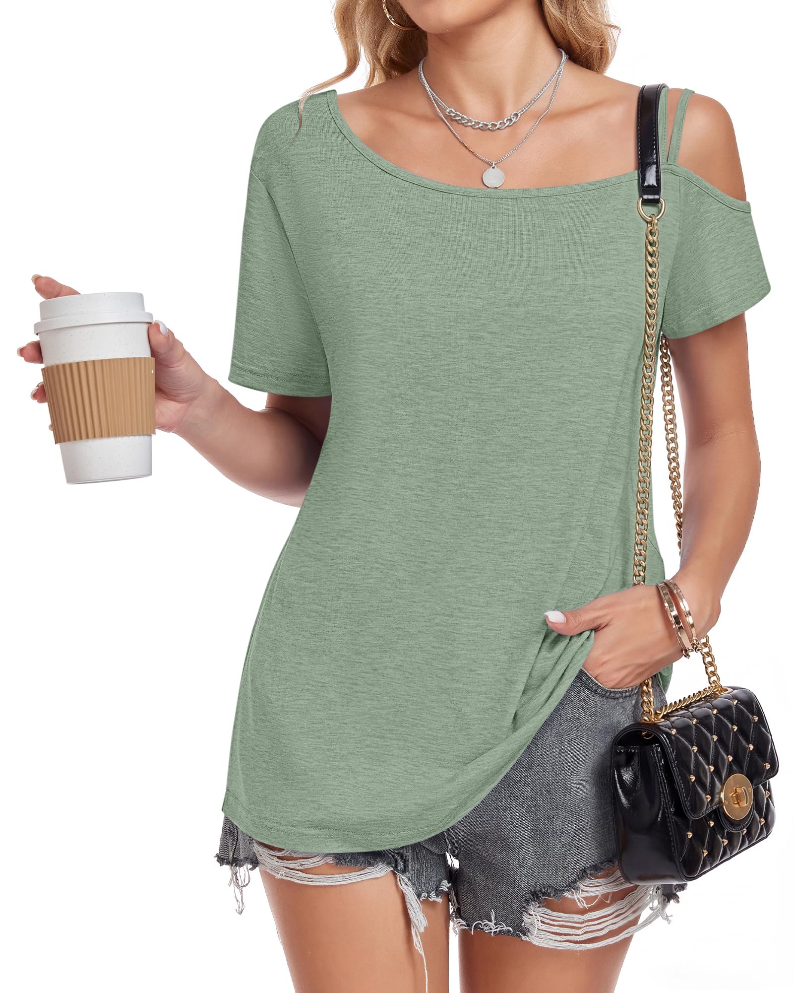 PLMOKEN Tee Shirt Femme Épaule Asymétrique Dénudée Haut Manches Courtes Chic Élégant d'Été