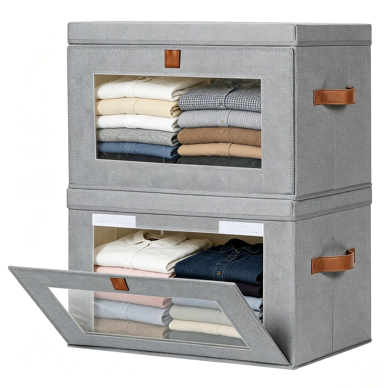 2 Pack Wardrobe Storage Boxes with Lids, Clear Window 37L Large Clothes Storage, Collapsible Storage Box with PU Handles, Smart Space Storage Boxes for Clothes, Books, Blankets - Grey, 43 x 31 x 28 cm