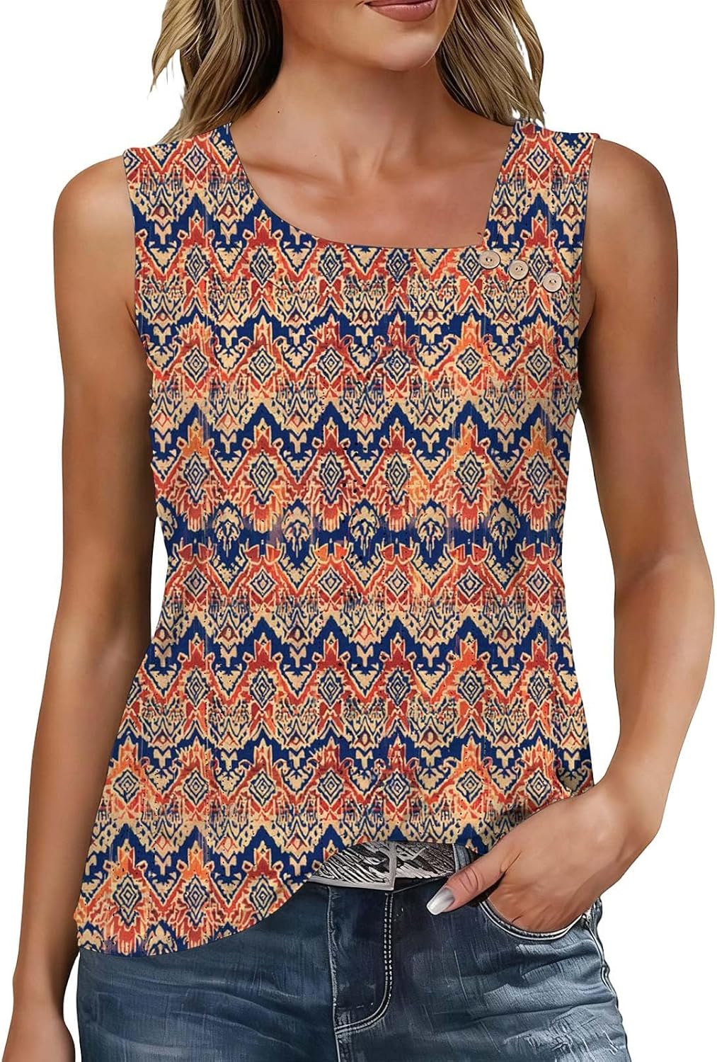 Womens Summer Eyelet Tank Tops Sleeveless Floral Printed Casual Tee Shirts Square Neck Loose Fit Tunic T-Shirts