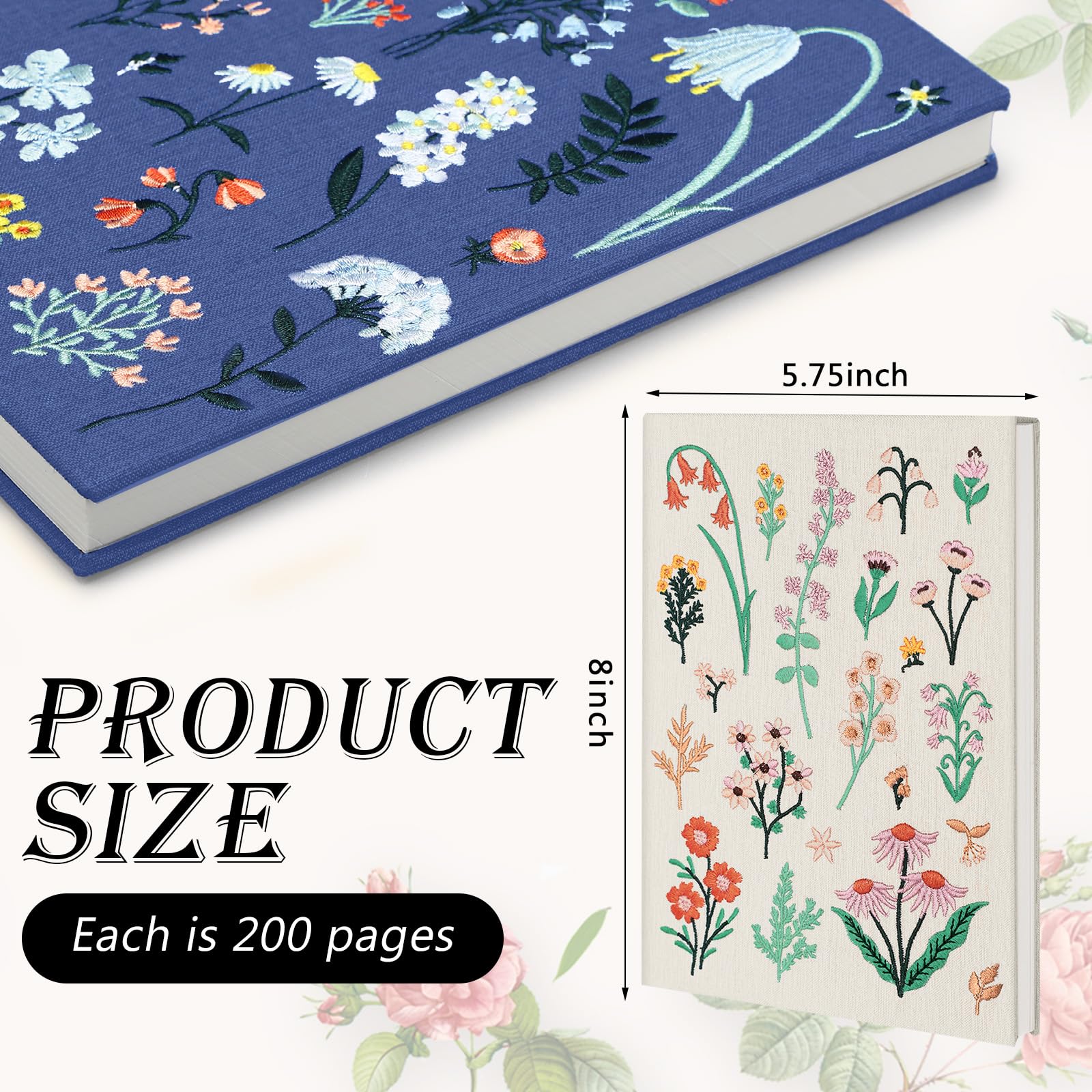 Thenshop 2 cuadernos bordados florales para diario, cuaderno de bocetos, tapa dura, cubierta de tela, 200 páginas para mujeres, escuela, oficina, viajes, suministros de diario de 8 x 5.75 pulgadas
