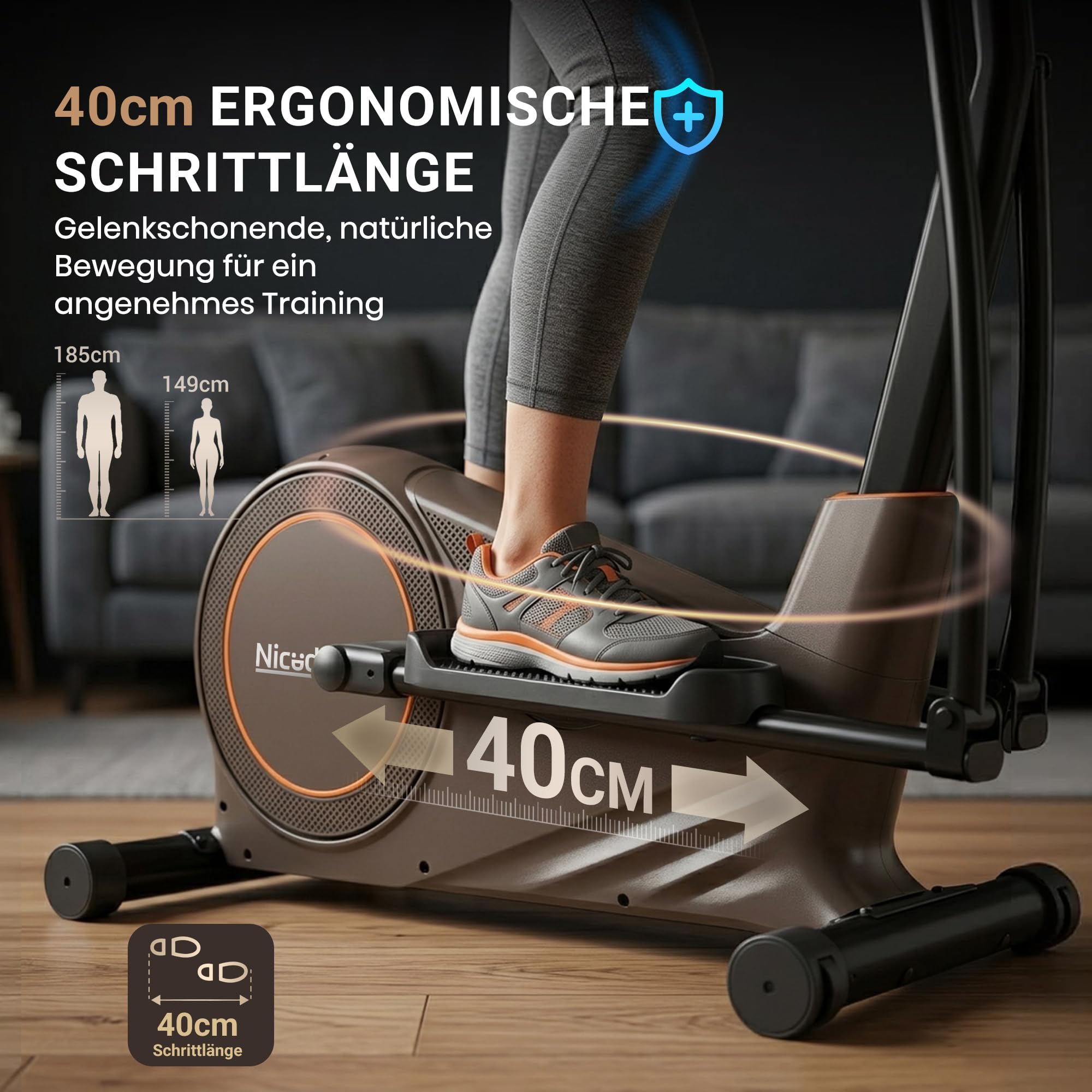 Ellipsentrainer mit 51 cm Schrittlänge, Crosstrainer für Zuhause, 32 Magnet-Widerständen und 20-stufiger Power-Incline (Black+Gold)