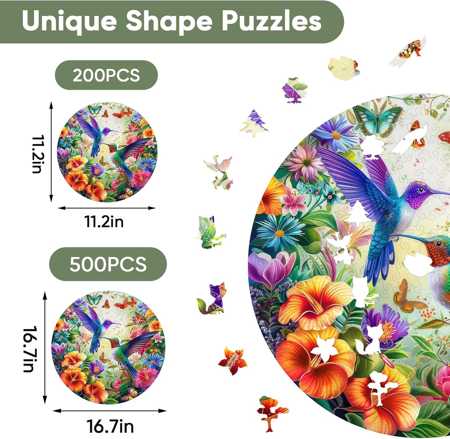 Ruikiyart Hummingbird Puzzle, 5MM 200 Pieces Birds Wood Jigsaw Puzzles, Unique Shaped Round Brain Teaser Puzzles Birthday Mother's Day Puzzle Gifts (11.2"*11.2")