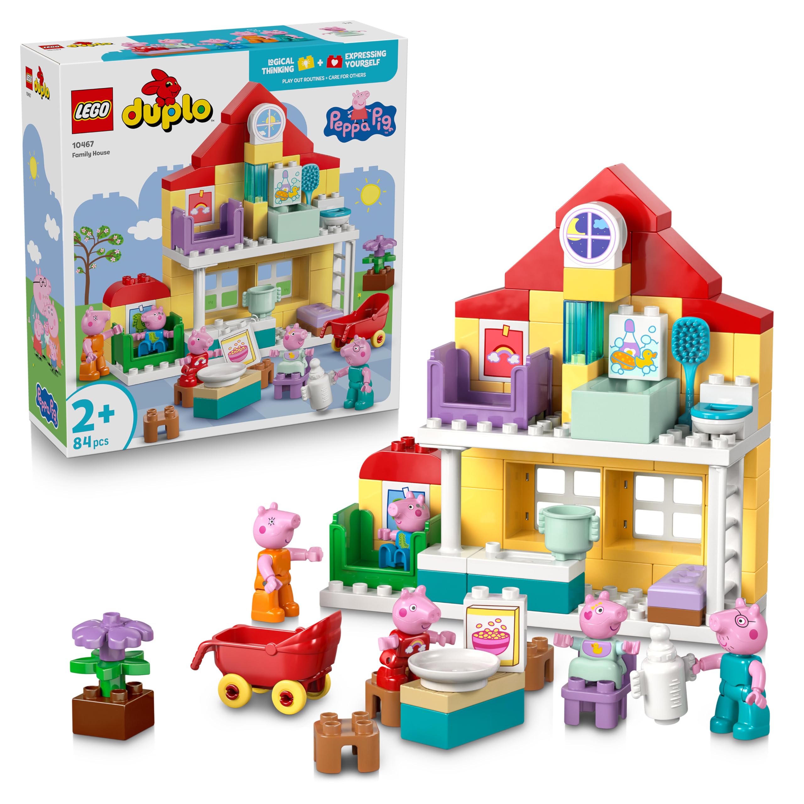 LEGO DUPLO Peppa Wutz Familienhaus - Lernspielzeug zur Förderung der Motorik - Montessori Spielzeug mit 5 Figuren & Puppenhaus Zubehör - Geschenk für Mädchen & Jungen ab 2 Jahren - 10467