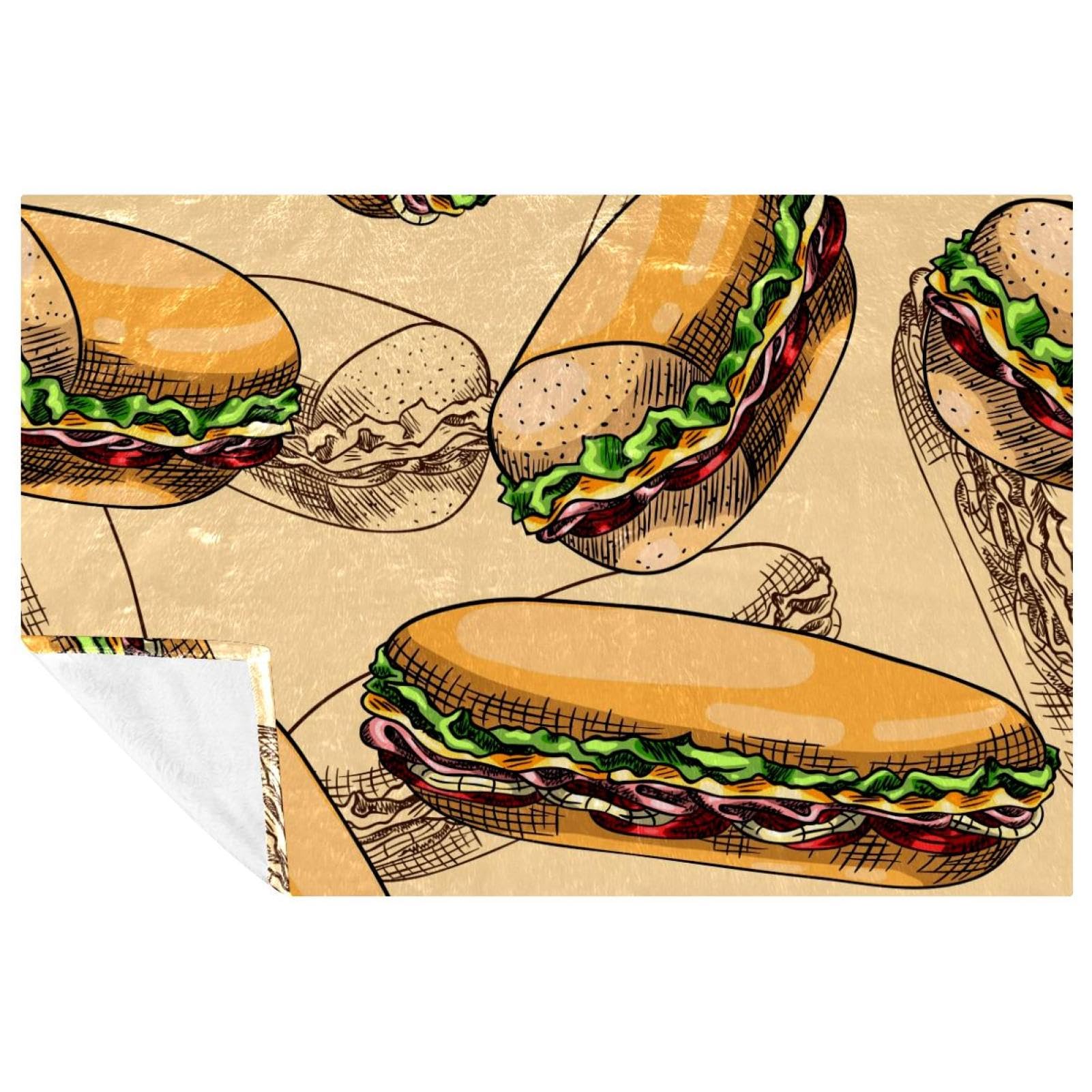 Couverture douce chaude motif sandwich fast food 150x100cm pour plage