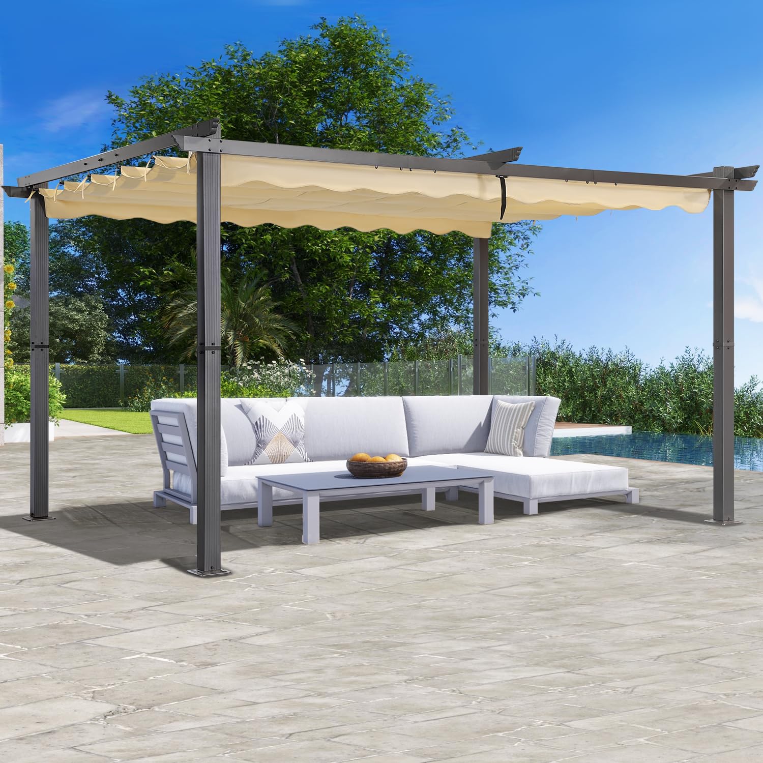 Angel Living Pergola en Aluminium, 4x3M, Coulissante Rétractable, Tissu en Polyester Haute Densité Hydrofuge et Résistant aux UV, Abri Soleil Pavillon de Jardin pour Jardin Terrasse, Beige