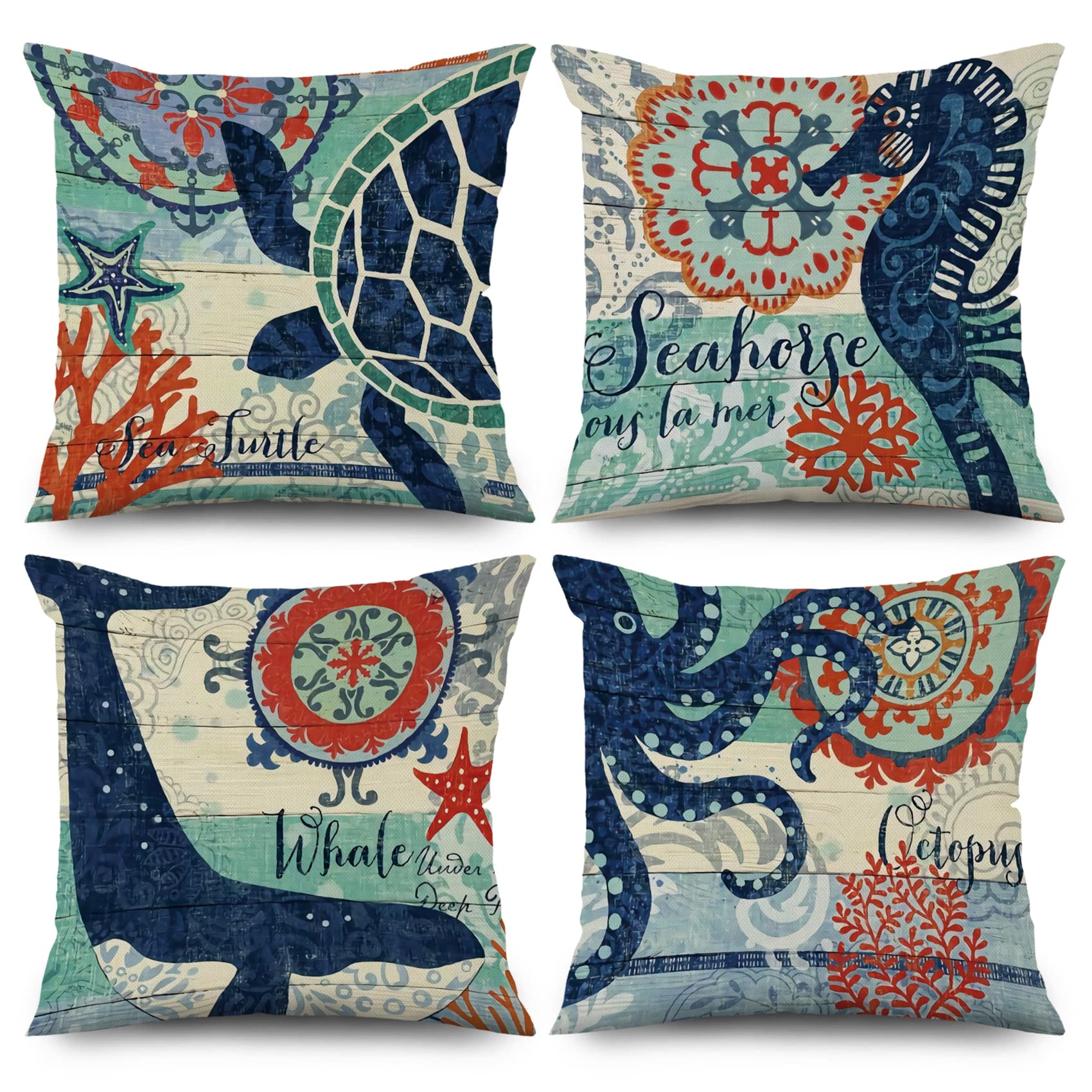 ASDCXZ Maritim Pillow Cover 50x50 cm 4er Set, Retro Maritim Hippocampus Sea Turtle Sofa Decorative Cushion Covers Pillow Cover Washable Polyester Linen Textile Upholstery Pillow Cover Pillow Cover — image 1