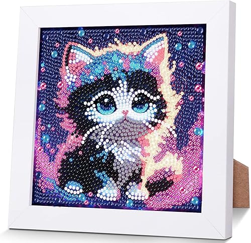 Miniatura 8 de Kits de pintura de diamantes de gato para niños con marco, arte de diamantes de animales para niños de 4 a 8 a 12 años, kit de arte de gemas fácil