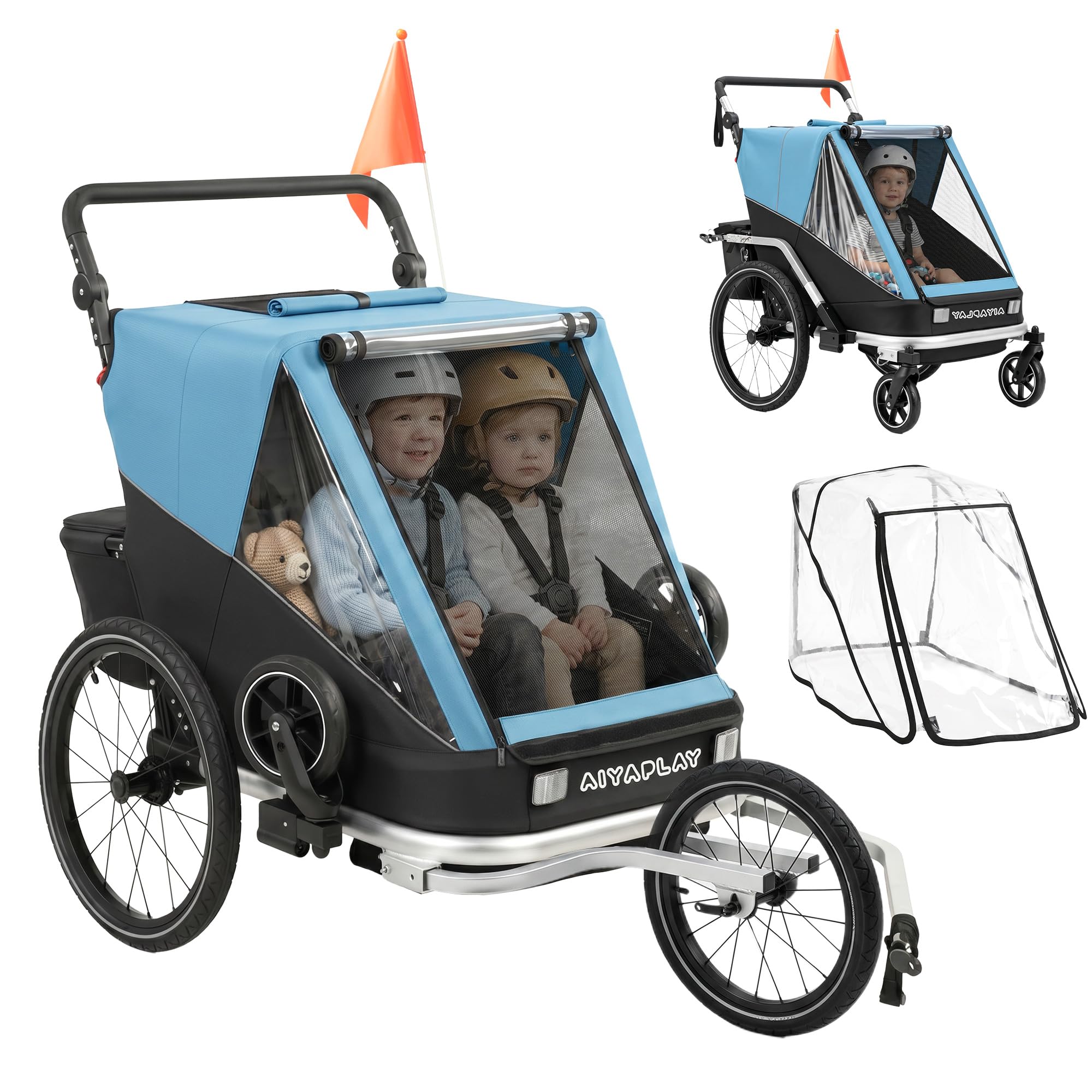 AIYAPLAY Remolque de bicicleta 2 en 1 y cochecito de 2 plazas, plegable, con correa de 5 puntos, bandera de seguridad, para niños a partir de 12 meses, máx. 18 kg
