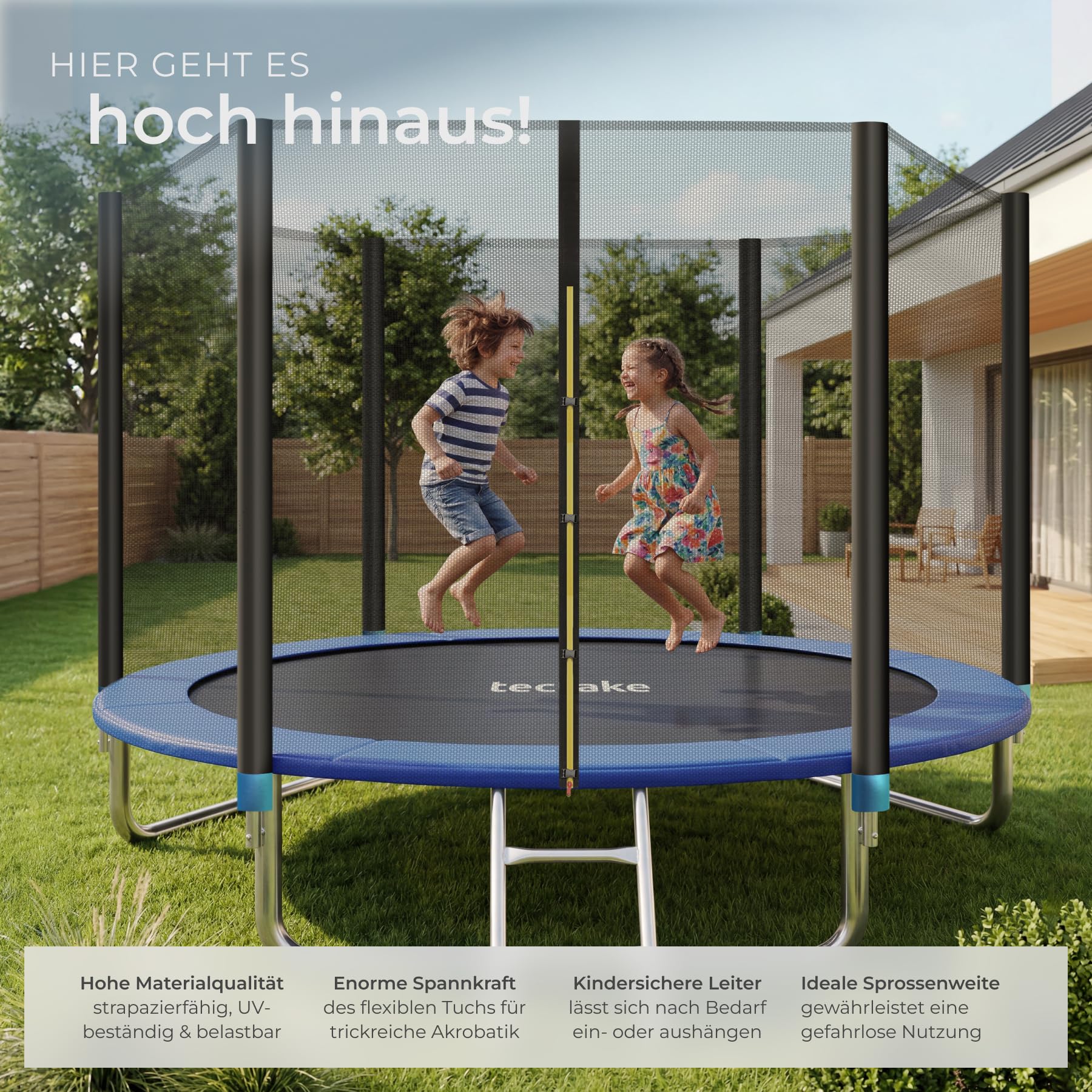 tectake® Trampolin, Gartentrampolin, Outdoor Spaß- und Sportgeräte Zuhause, Sportgerät Ausdauertraining, Balancieren Kinder, mit Sicherheitsnetz Schutznetz Kinder, Trampolin Randabdeckung