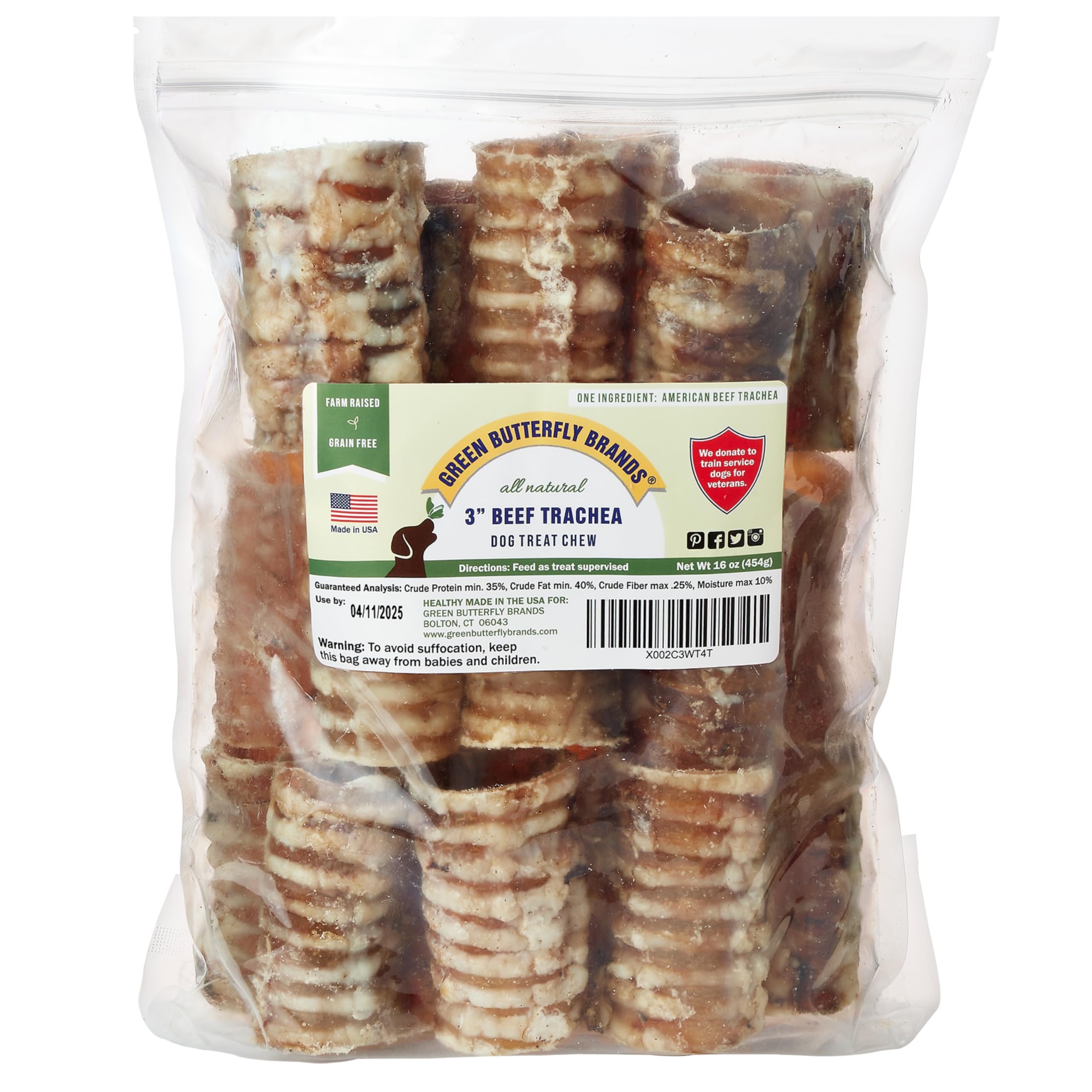 Green Butterfly Brands Dog Chews – Beef Trachea Dog Treat Chew Made in USA. Grass Fed Farm-Raised American Beef. Glucosamine Rich for Healthy Joints.