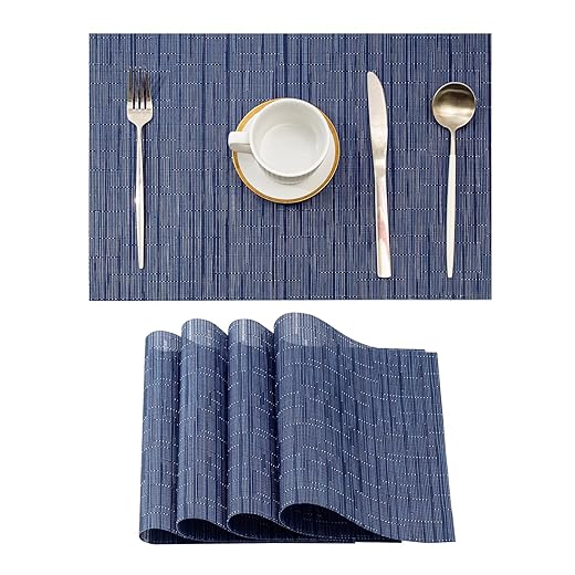 Leetaltree Blue Placemats Set of 4 - Heat Resistant Non-Slip Place mats for Dining Table, Washable Durable PVC Vinyl Woven Table Mats（Blue, 4）