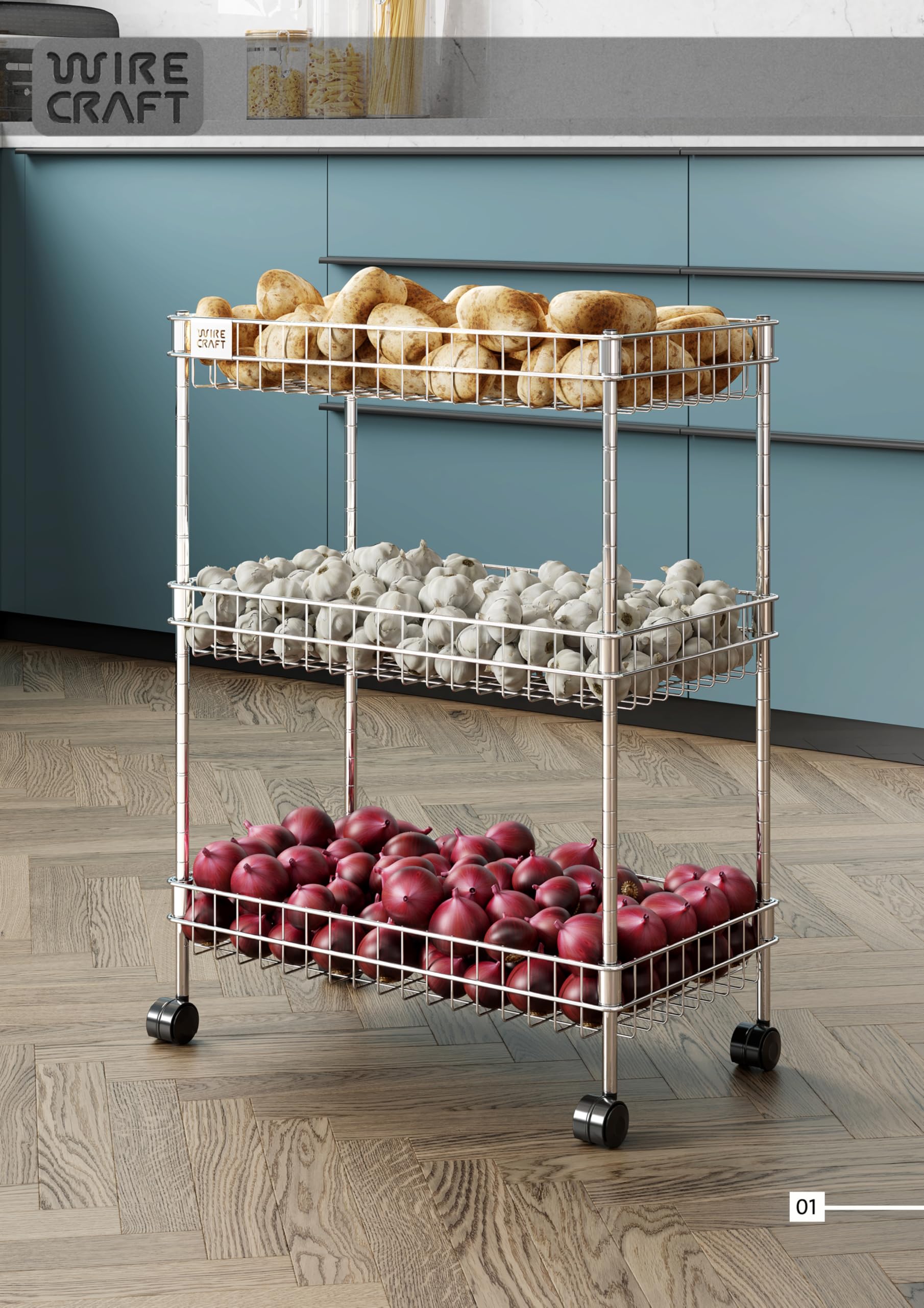 ARNI Multi-Purpose Trolley Storage Organizer and Kitchen Accessories Items for Kitchen Storage Rack Square Design Fruits & Vegetable Wire Mesh Kitchen Rolling Cart with 4 Wheels Rack Folding 3 layar