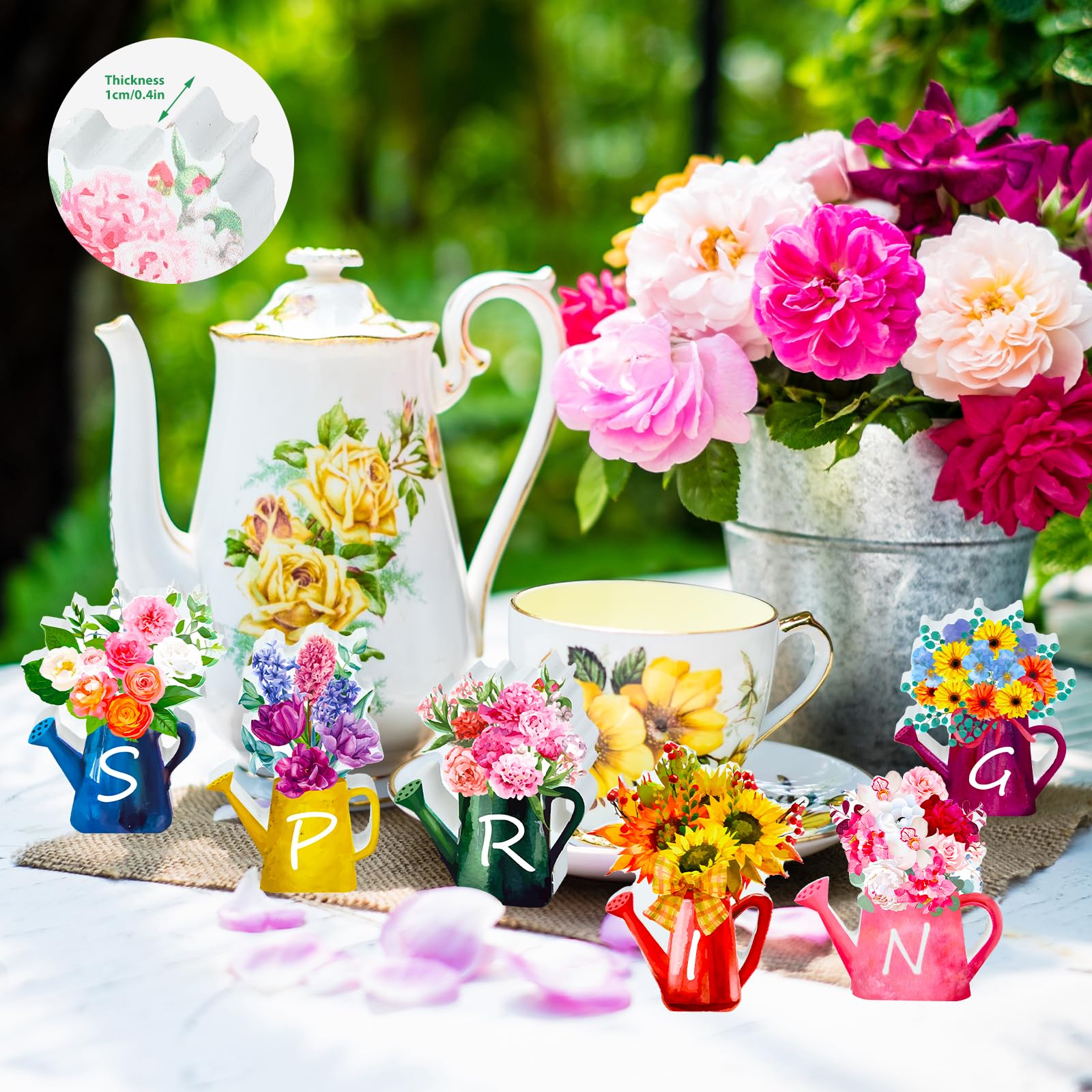 Hungdao 11 Pcs Spring Wood Block Signs Spring Tabletop Decor Spring Wooden Home Decorations Rustic Flower Table Signs Decor Wooden Bead Garland for Home Farmhouse Holiday Party Decor