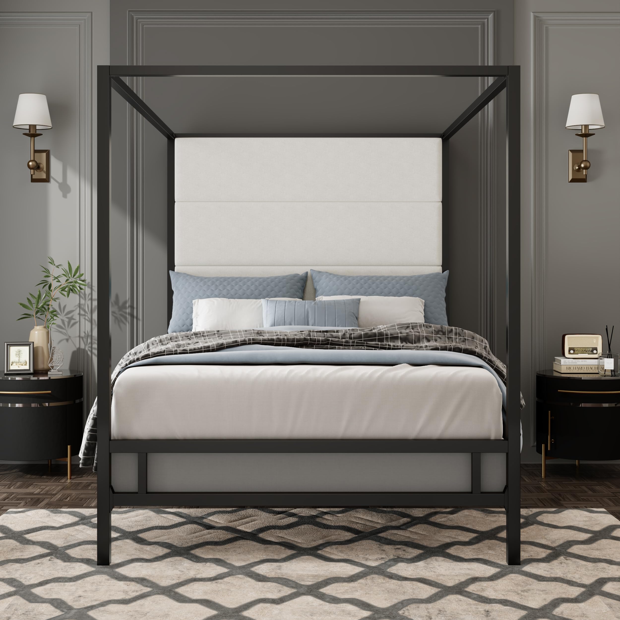 Polibi Modern Canopy Bed Frame - Metal 4-Poster Platform Bed with Tall Linen Upholstered Headboard, Elegant Bedroom Centerpiece, Box Spring Required (