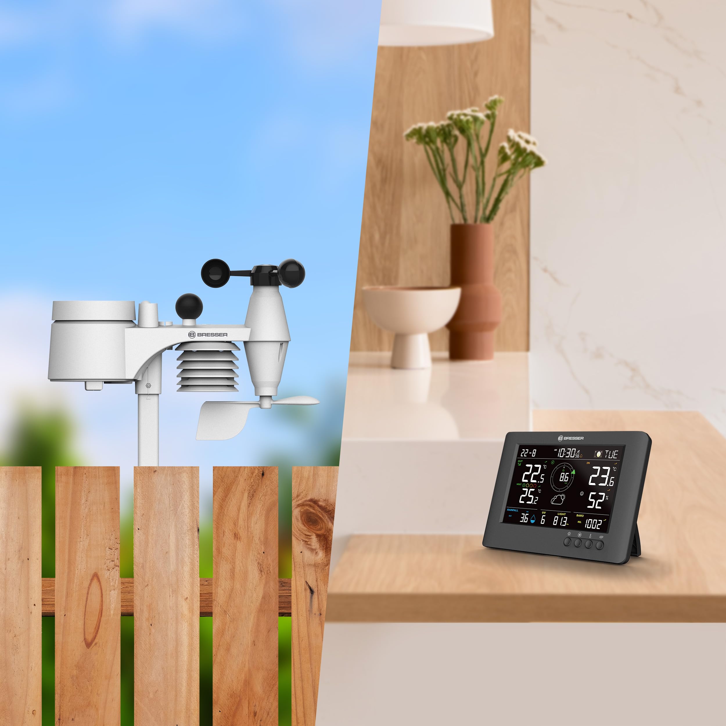 Bresser 8-in-1 ClearViewTB Wetterstation mit Hitzestress-Index, Sensirion-Sensor, 8-in-1-Multisensor, Wetterwarnungen, Max-/Min-Wertespeicher | Innentemperatur und Außentemperatur, Luftfeuchtigkeit, Regenmesser, Windmesser, Wettervorhersage, WBGT, Hitzein