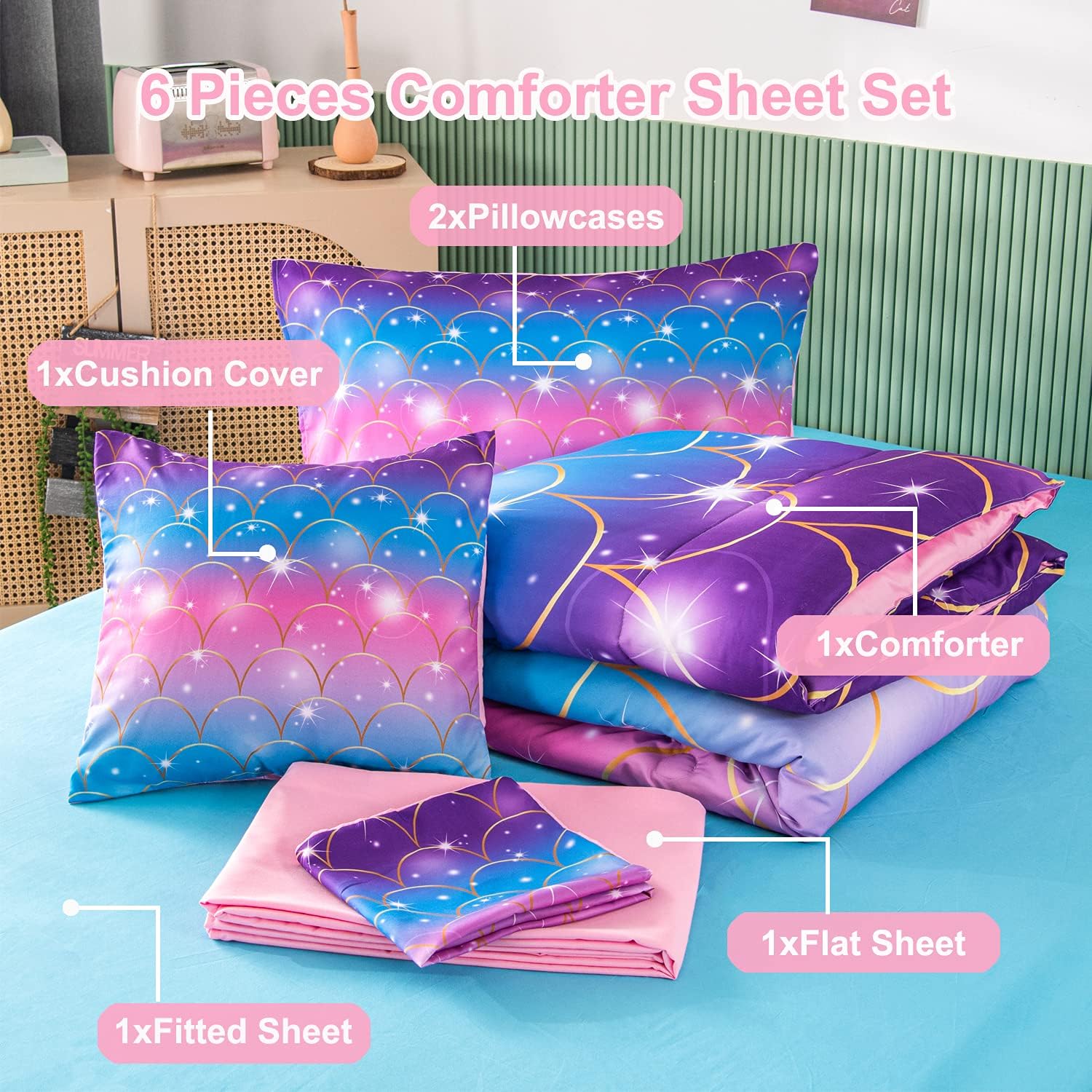 PERFEMET 6Pcs Pink Mermaid Comforter Set Queen Size 3D Glitter Bed in A Bag for Teens Girls Women Colorful Rainbow Bedding Set with Comforter and Sheets Ultra Soft Fuzzy Bed Comforter Quilted Set
