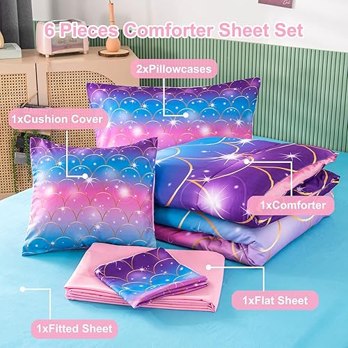 Miniatura 3 de PERFEMET Juego de ropa de cama para niñas con cola de sirena azul y rosa, 6 piezas, colorido arco iris, tamaño Queen con sábanas, ropa de cama para
