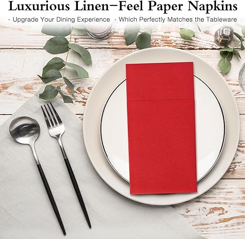 Miniatura 6 de Lylllwly Servilletas de papel rojas desechables, servilletas de cena con bolsillo integrado para cubiertos, servilletas de tela, preplegadas para