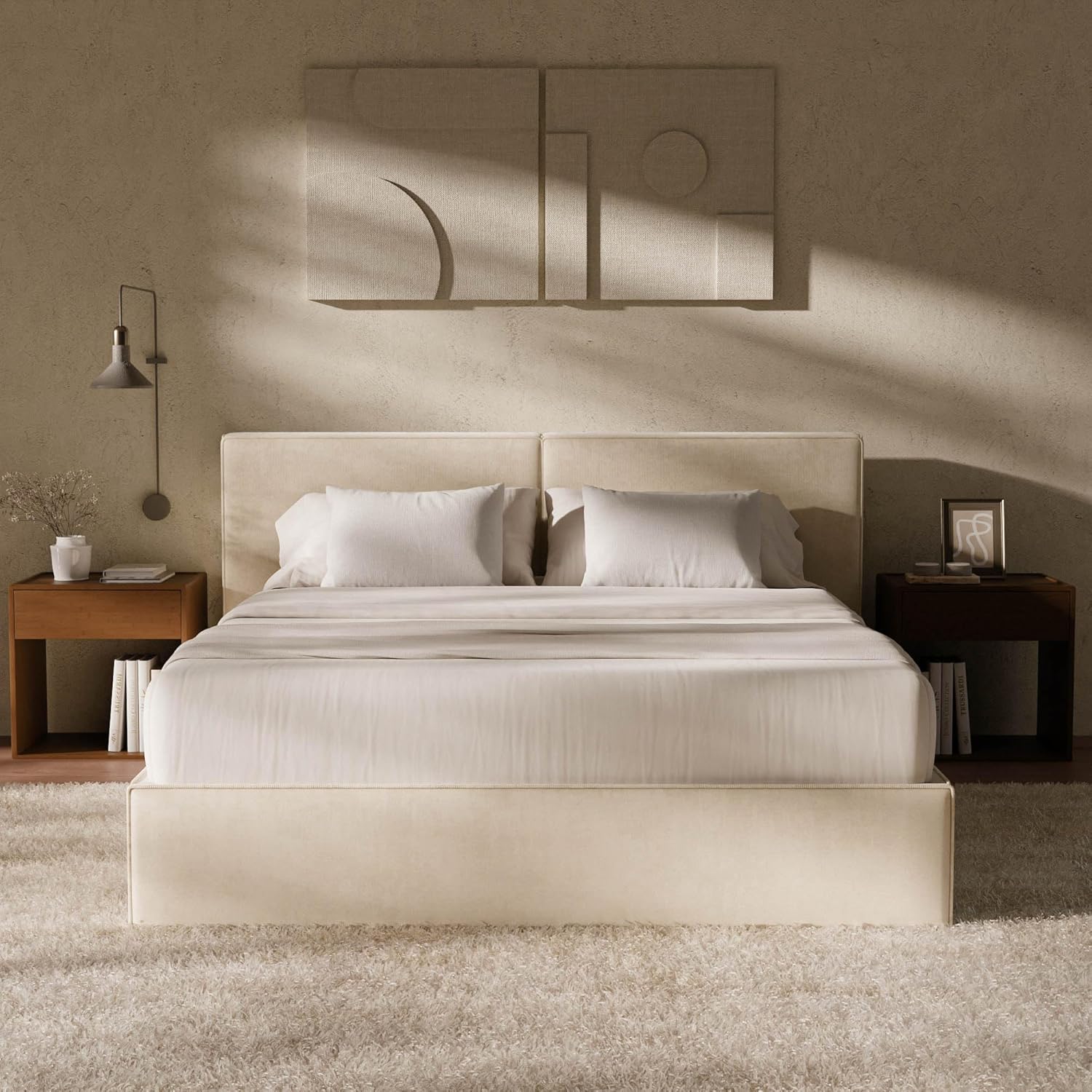 RECCI Queen Platform Bed Frame with Plush Upholstered Headboard 6-Inch, Easy Assembly, Noise-Free Stability (Beige, Queen (U.S. Standard))