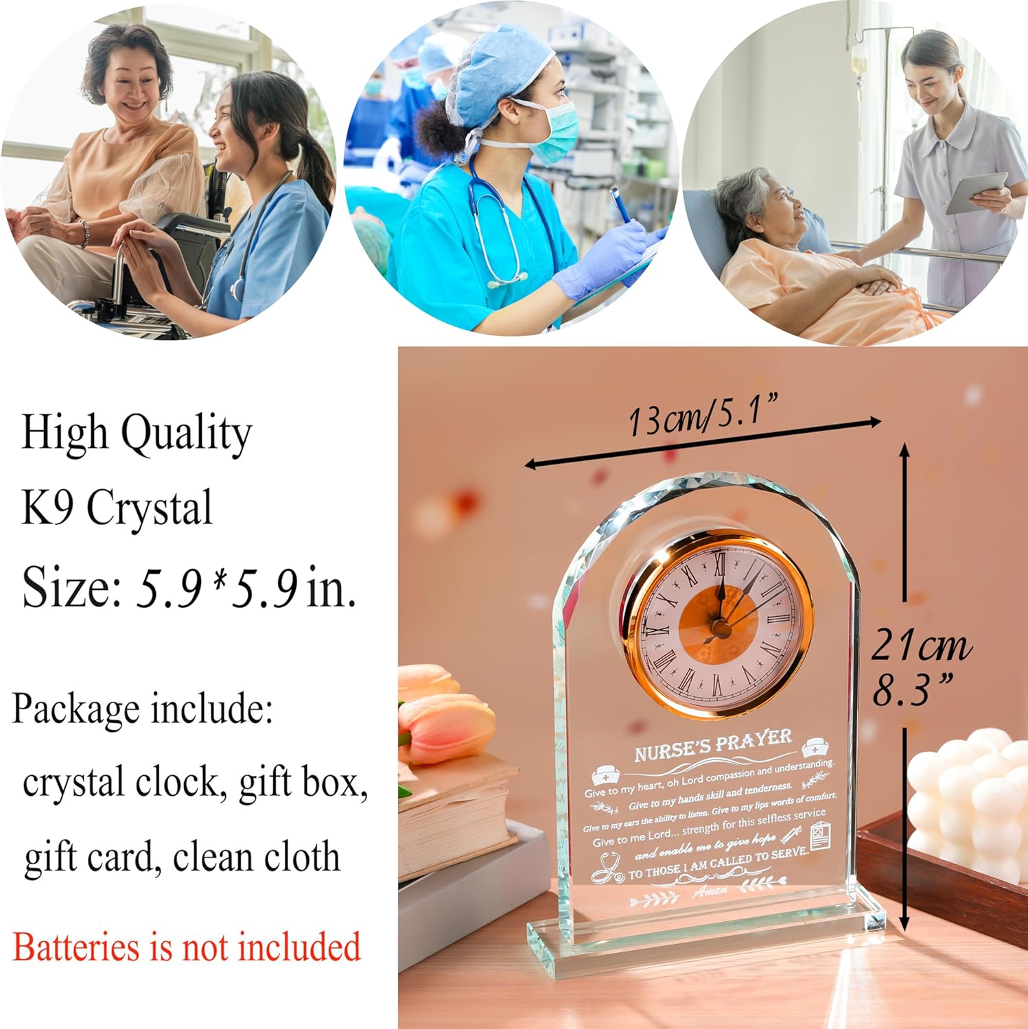 Nurse Appreciation Gifts For Women - Best Nurse Gift Crystal Clock For Nurse Home Office Decor Thank You Graduation Retirement Presents On Birthday Nurse Doctor Day Christmas