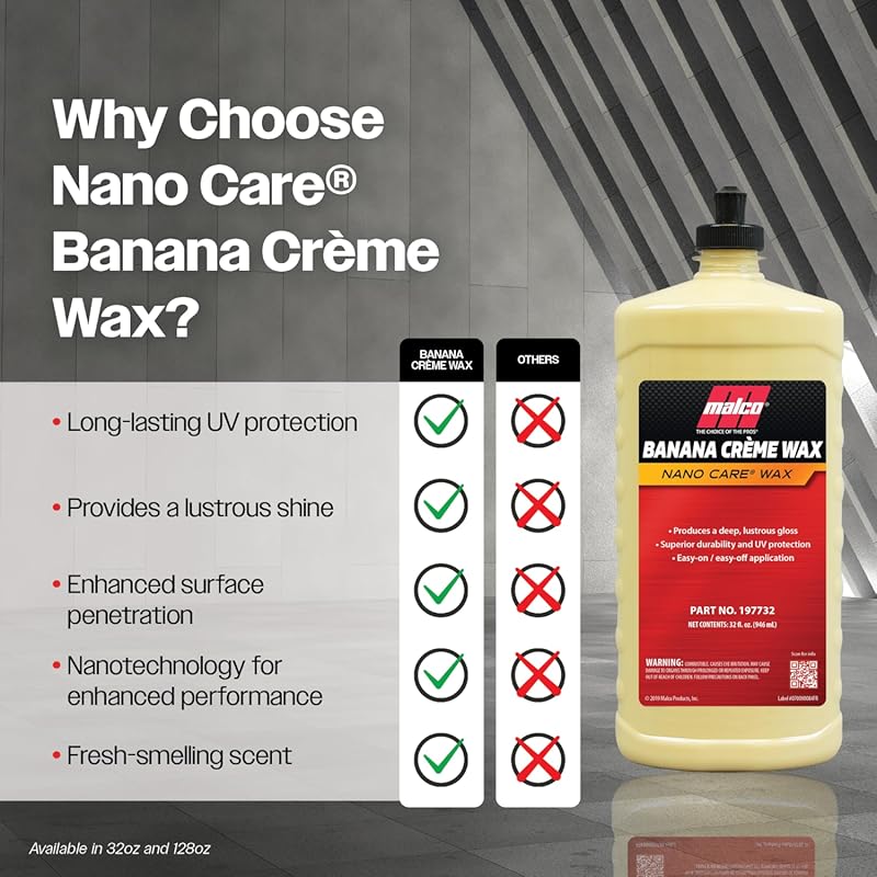 Malco Nano Care Banana Creme Wax - Deep Gloss Shine and Long-Lasting UV Protection/For Automotive, Marine and Industrial Finishes / 32 oz. (197732) 32 Fl Oz (Pack of 1)