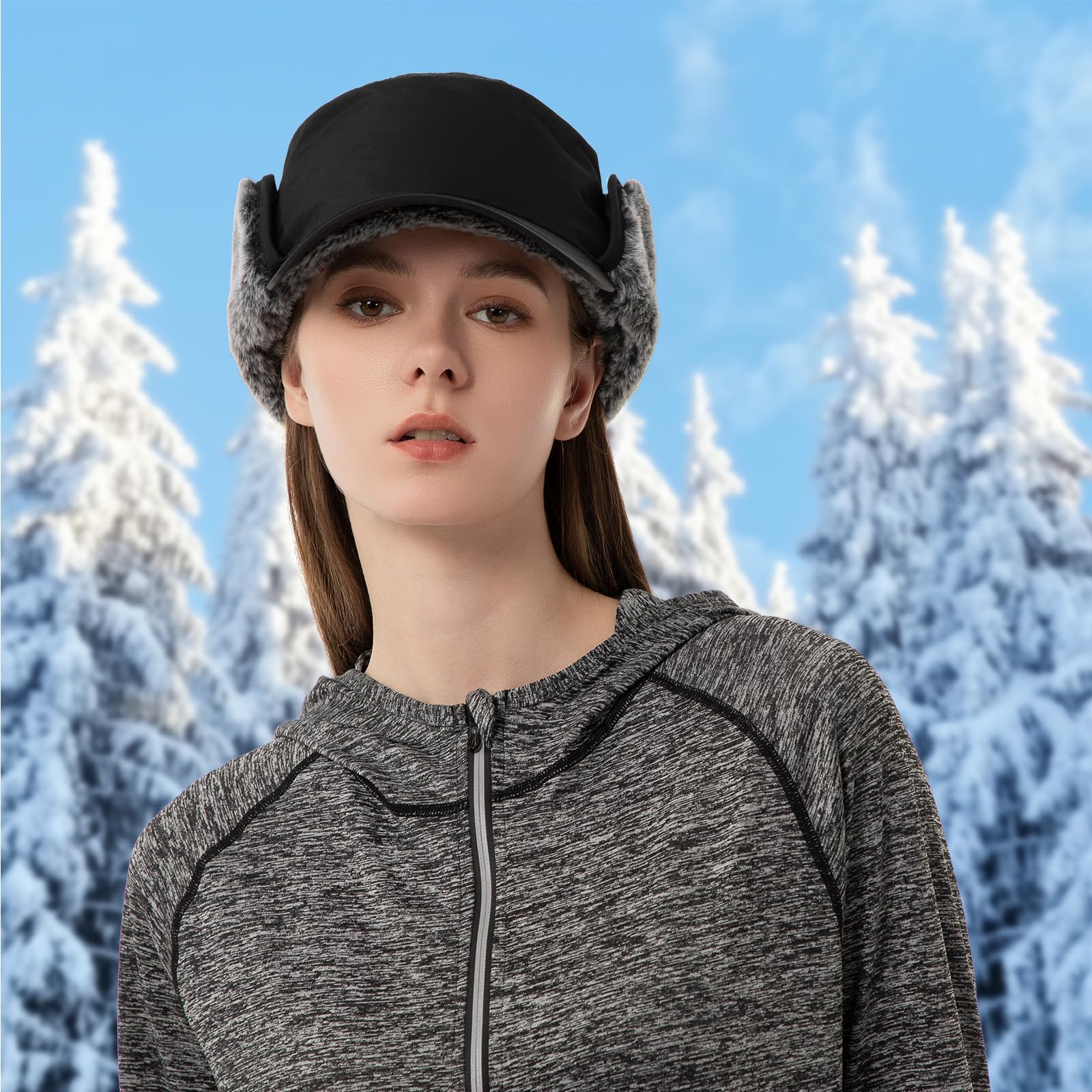 Gorro de invierno para hombre con visera y orejeras, gorro de béisbol totalmente forrado de piel sintética para caza