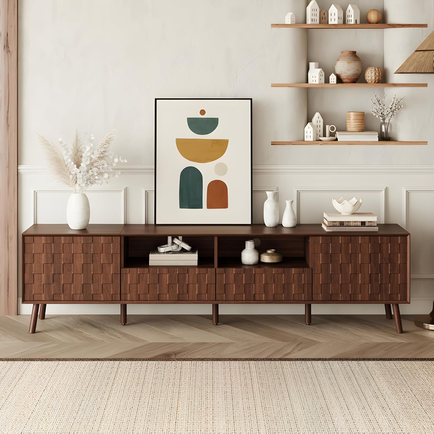 Merax 78" TV Stand for TVs Up to 85", Modern Entertainment Center with 2 Doors, 2 Drawers, and Open Shelves, Media Console with Unique Mosaic Front Design for Living Room