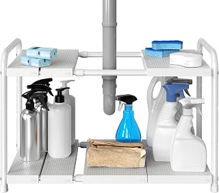 Organizador expandible resistente de 2 niveles para debajo del fregadero, blanco | Ancho ajustable de 15,75 a 25 pulgadas con 4 niveles de altura de estante