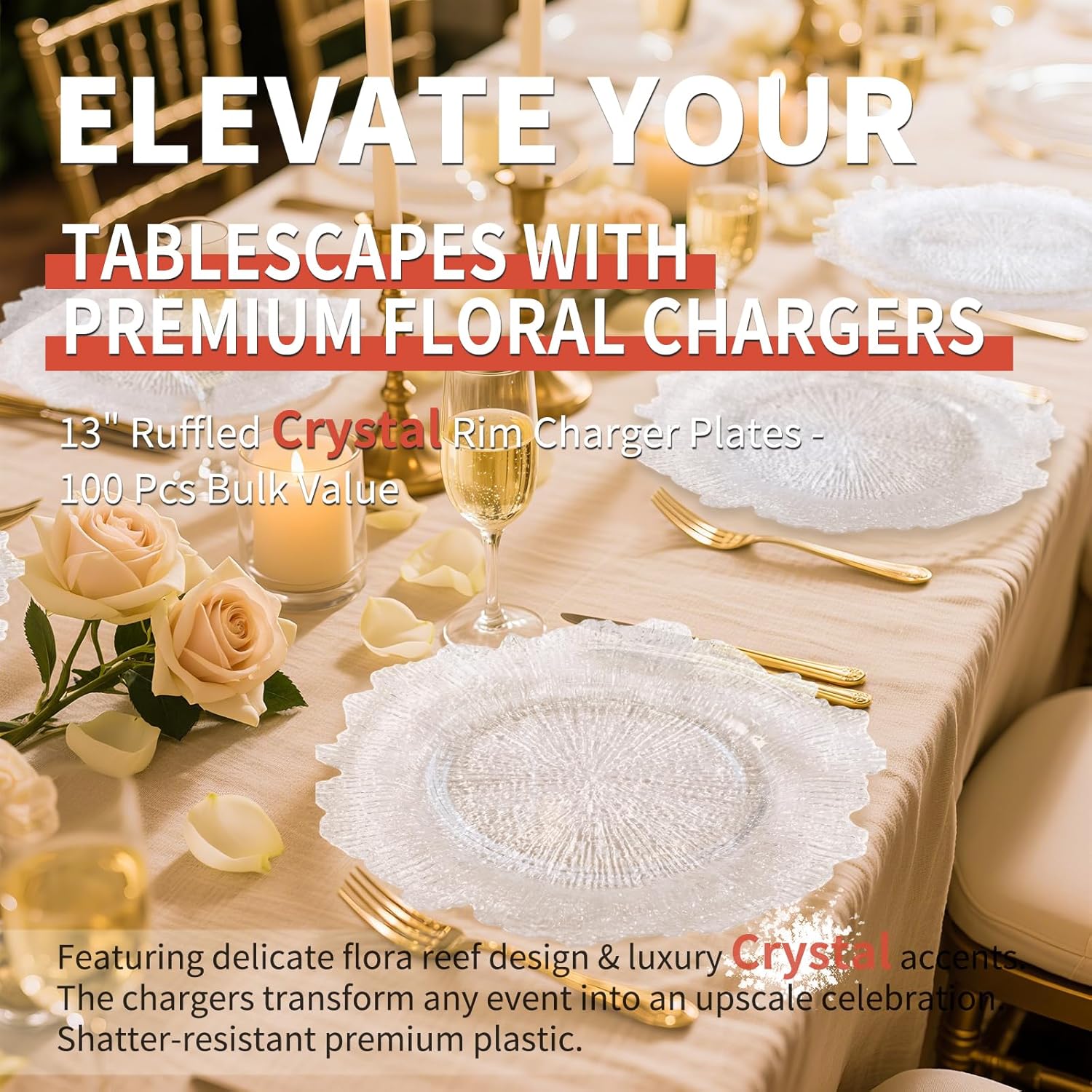 100Pcs Clear Charger Plates Bulk Wedding - 13" Transparent Premium Plastic Ruffled Rim Chargers with Flora Reef Design，Decorative Dinner Charger Plates for Events & Parties