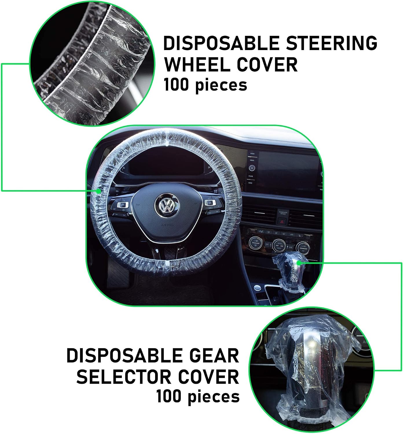 Disposable Steering Wheel Covers - 200 Piece Set of Clear Plastic Car Steering Wheel Cover and Gear Selector Covers, Universal Fit, Convenient and Hygienic