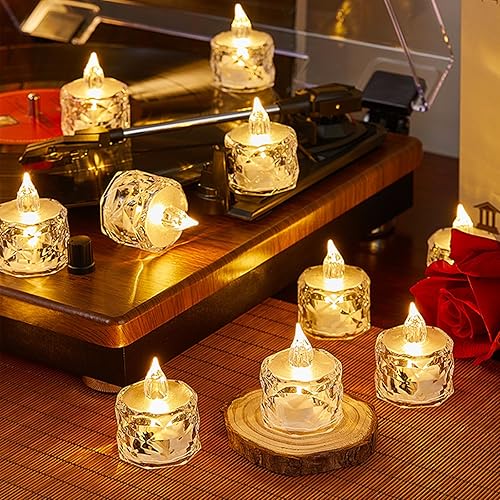 Luces de vela de cristal sin llama, 12 paquetes de velas LED redondas pequeñas parpadeantes alimentadas por batería, adecuadas para bodas, mesas de