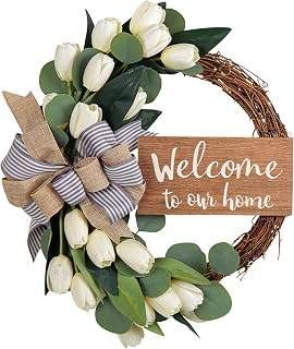 15 Inches Artificial Tulips Bowknot Wreath with Welcome Sign for Front Door Green Leaf Wreath Spring Summer Wreaths for Home Wall Wedding Festival Farmhouse Porch