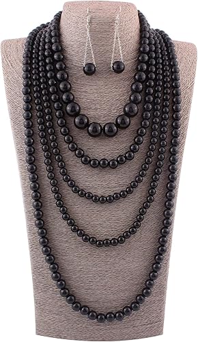 Vista 2 de Conjunto de collar y aretes de perlas sintéticas multicapa a la moda para mujer