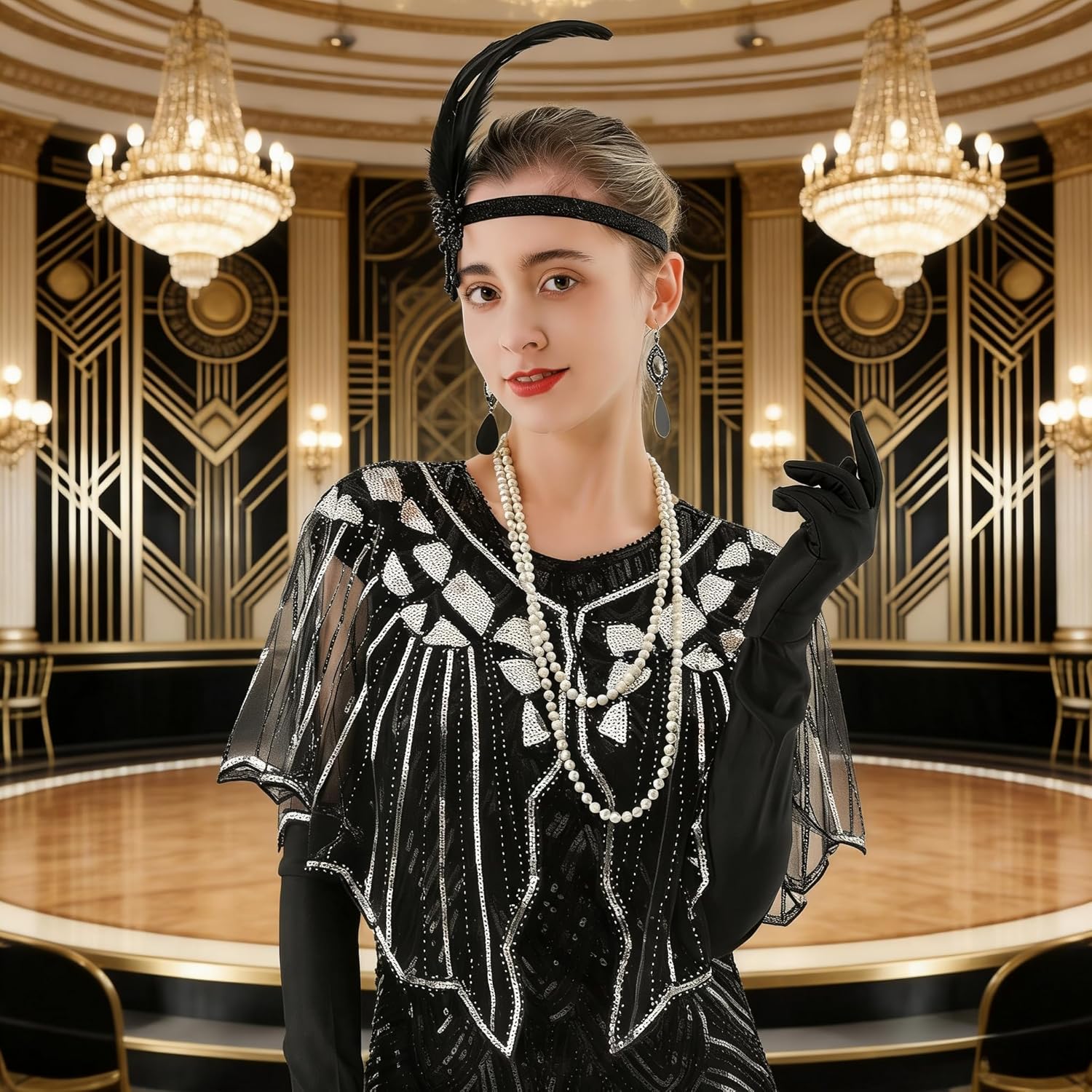 1920s Gatsby Flapper Accessories Set, Roaring 20s Accessories Women Feather Headpiece Necklace Earrings Long Gloves,Black Gold - Image 3