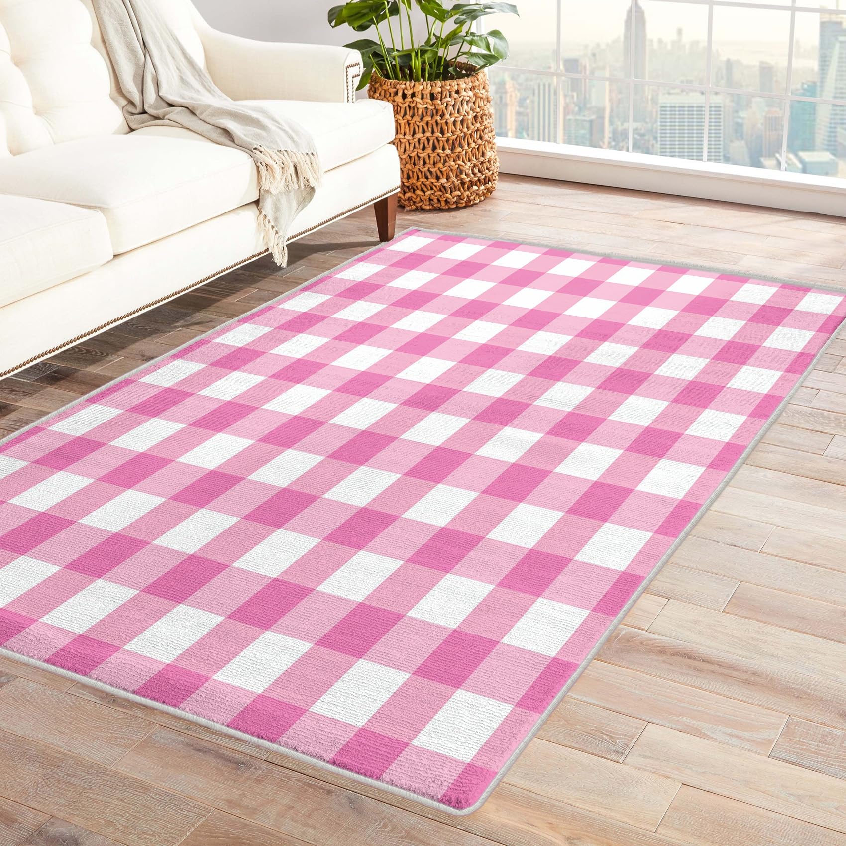 GEDAEUBA Gingham Rug & Home Decor - Washable Rug 3x5 - Pink and White Buffalo Plaid Rugs for Entryway - Non Slip Soft Indoor Door Mat - Small Area Rug
