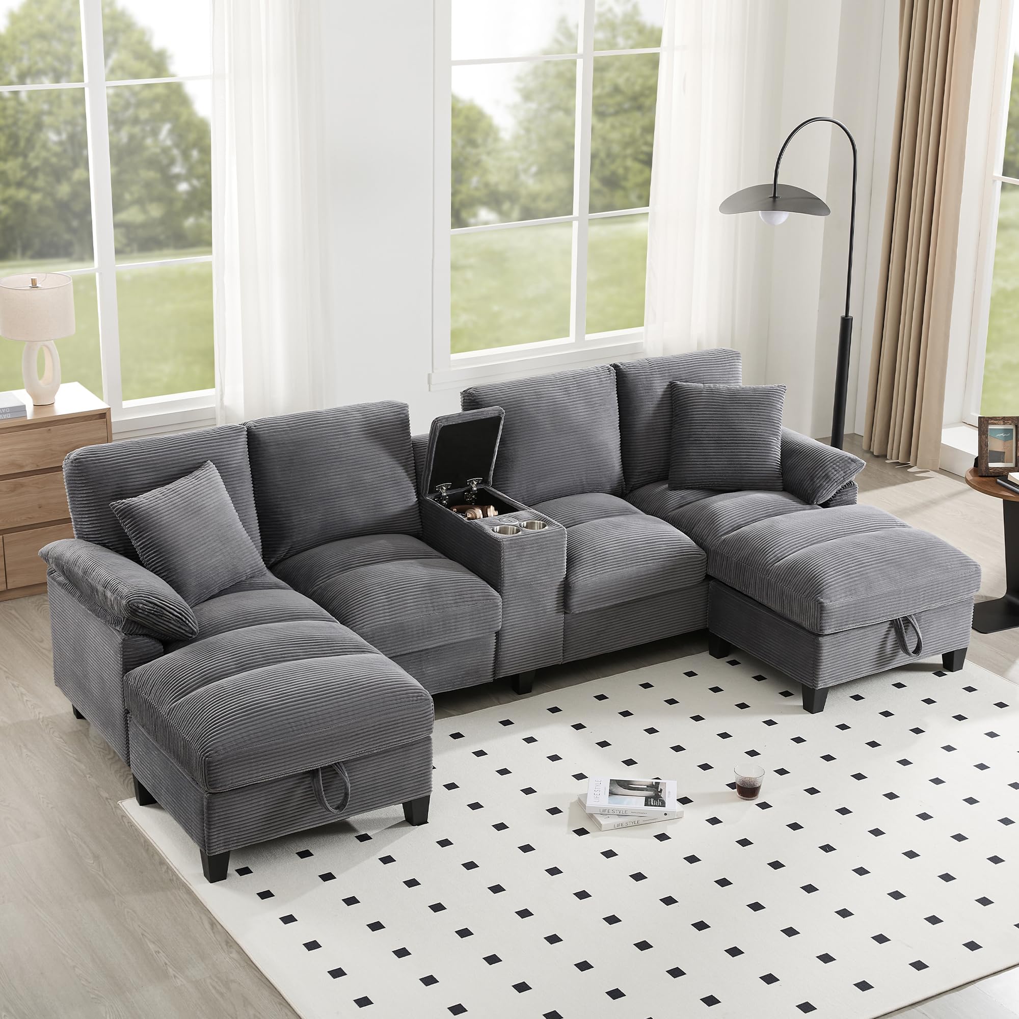 Sofa modułowa w kształcie litery U, 293 cm, z miejscem do przechowywania i USB – 4-osobowa sofa sztruksowa z uchwytem na napoje, szara – przytulna rodzinna sofa do salonu z funkcją spania dla
