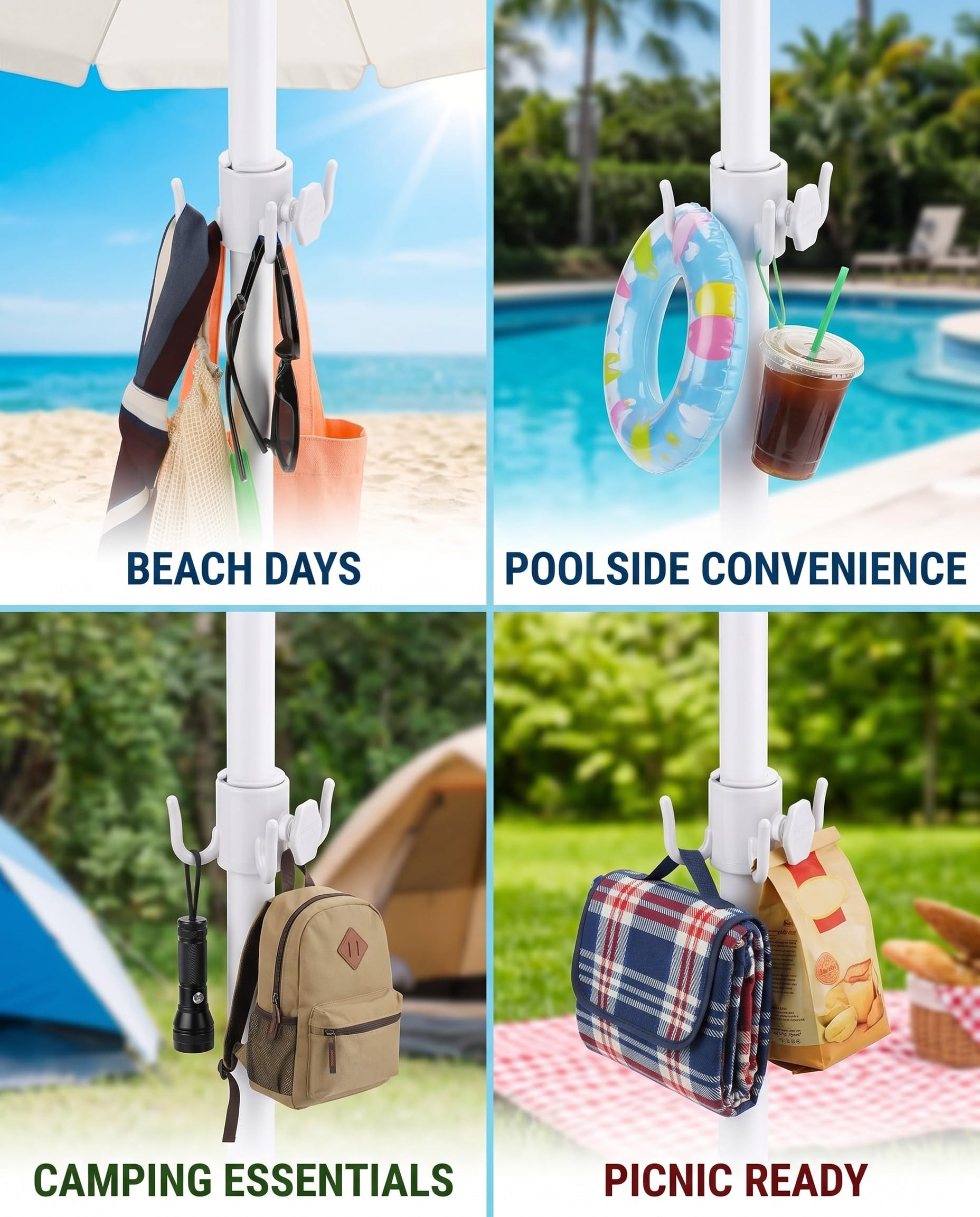 2 Pezzi Ganci Ombrellone Spiaggia, Bianco – 4 Punte per Asta Centrale, Organizza Asciugamani & Borse, Anti-Sabbia per Mare & Campeggio