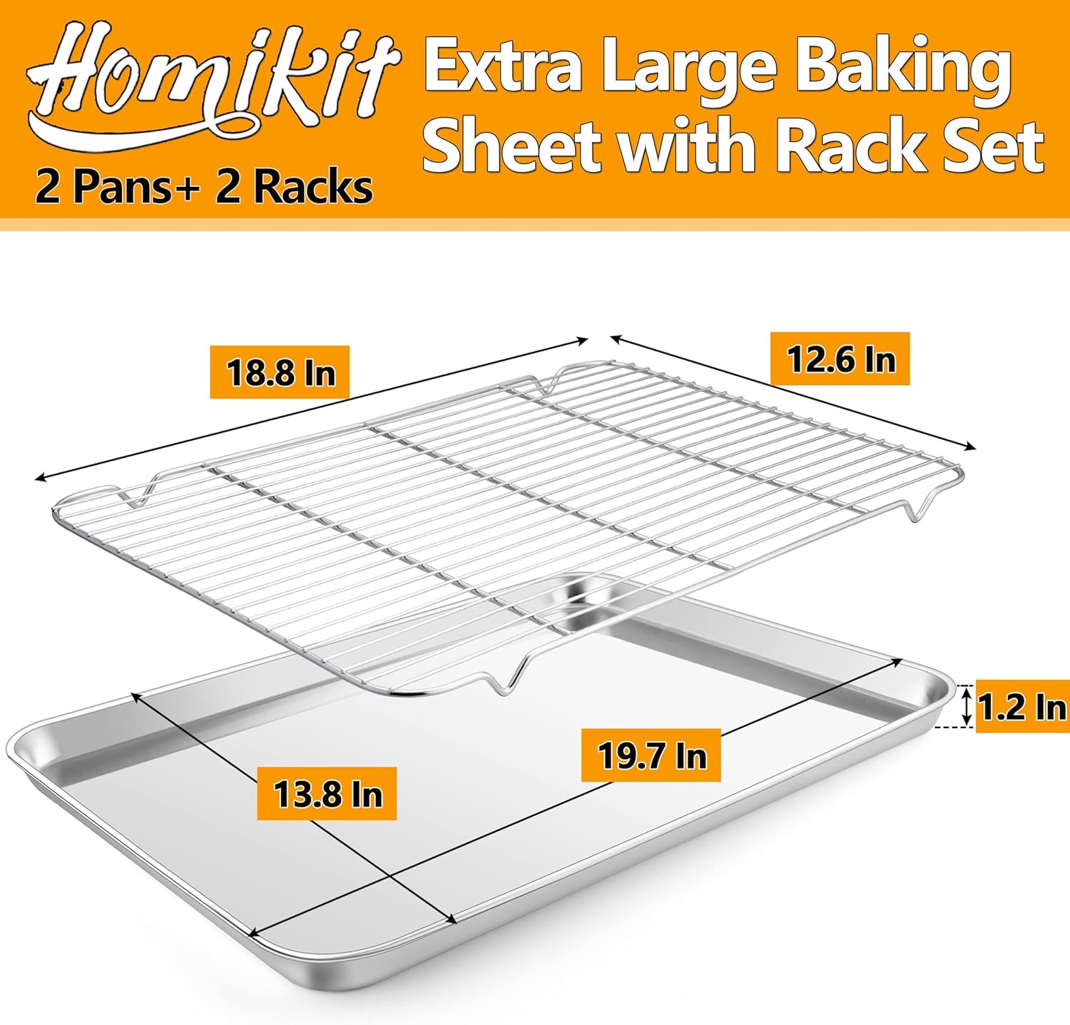 Homikit Baking Sheet with Rack Set (2 Pans+2 Racks), 20x14 Inches Large Stainless Steel Cookie Sheets & Cooling Racks Non Toxic, Big Metal Bacon Crisp Trays for Oven Baking Cooking, Dishwasher Safe