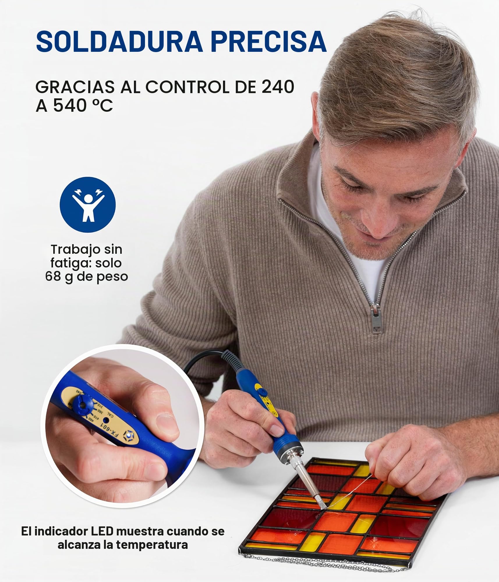 Hakko Soldador con cable azul (237 mm) - Control de temperatura ajustable 200-500 °C, soldador de precisión - Diseño ergonómico - Perfecto para soldadura Tiffany - Diseñado en Japón