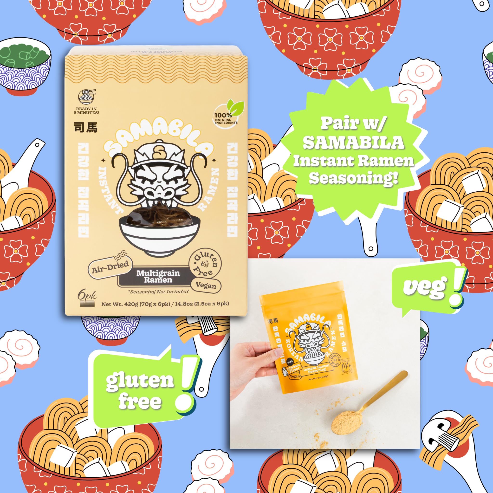 SAMABILA Multigrain Ramen (Pack of 6) - Air Dried - Gluten Free - Vegan - 100% Natural Ingredients