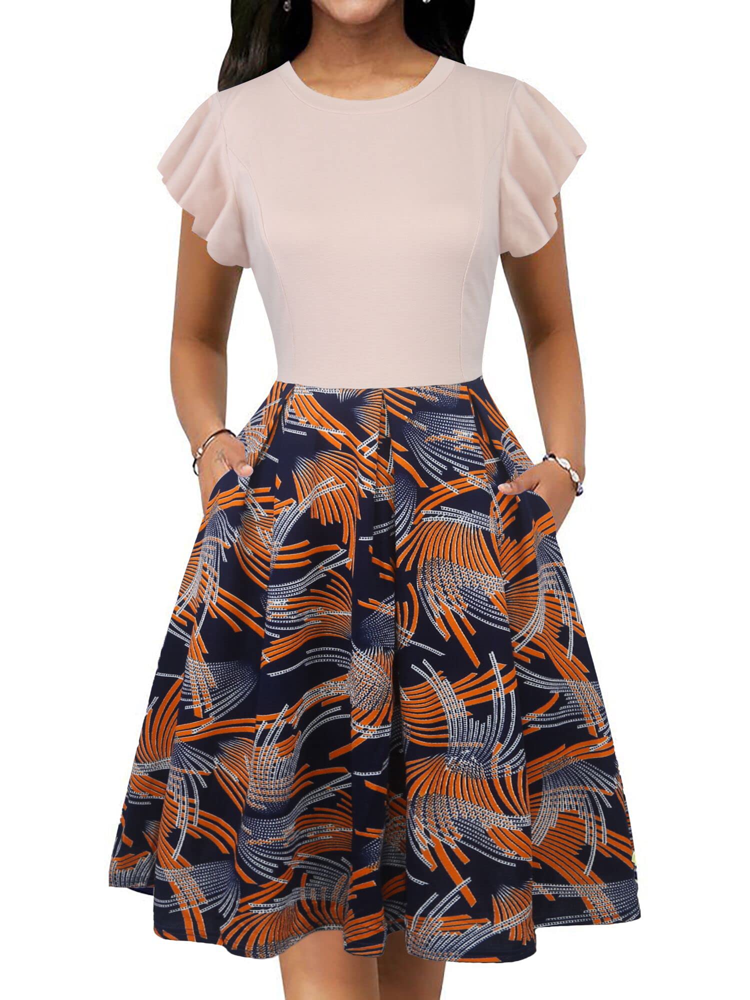 oxiuly Women's Flounce Sleeve Wedding Church Vintage Dresses Casual Floral Party Cocktail Work Dress with Pockets Fei376