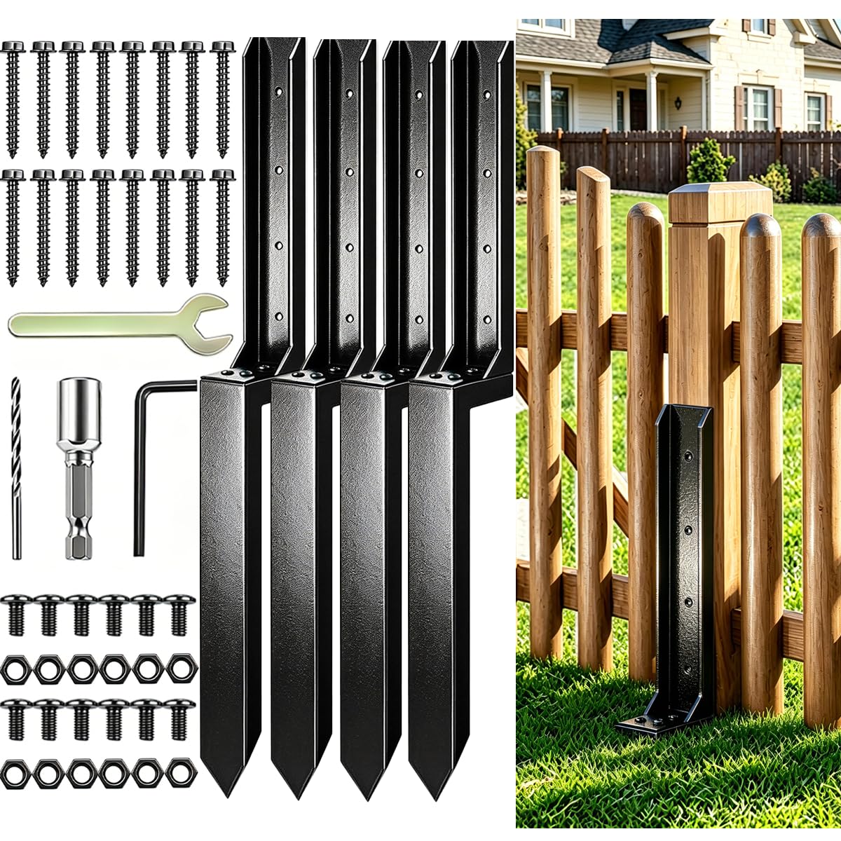 CWISAQUE Heavy Duty Steel Fence Post Repair Stake, Fence Post Repair Kit with Nails, Fence Post Spikes for Tilted or Broken Wooden Posts (4 Pack)