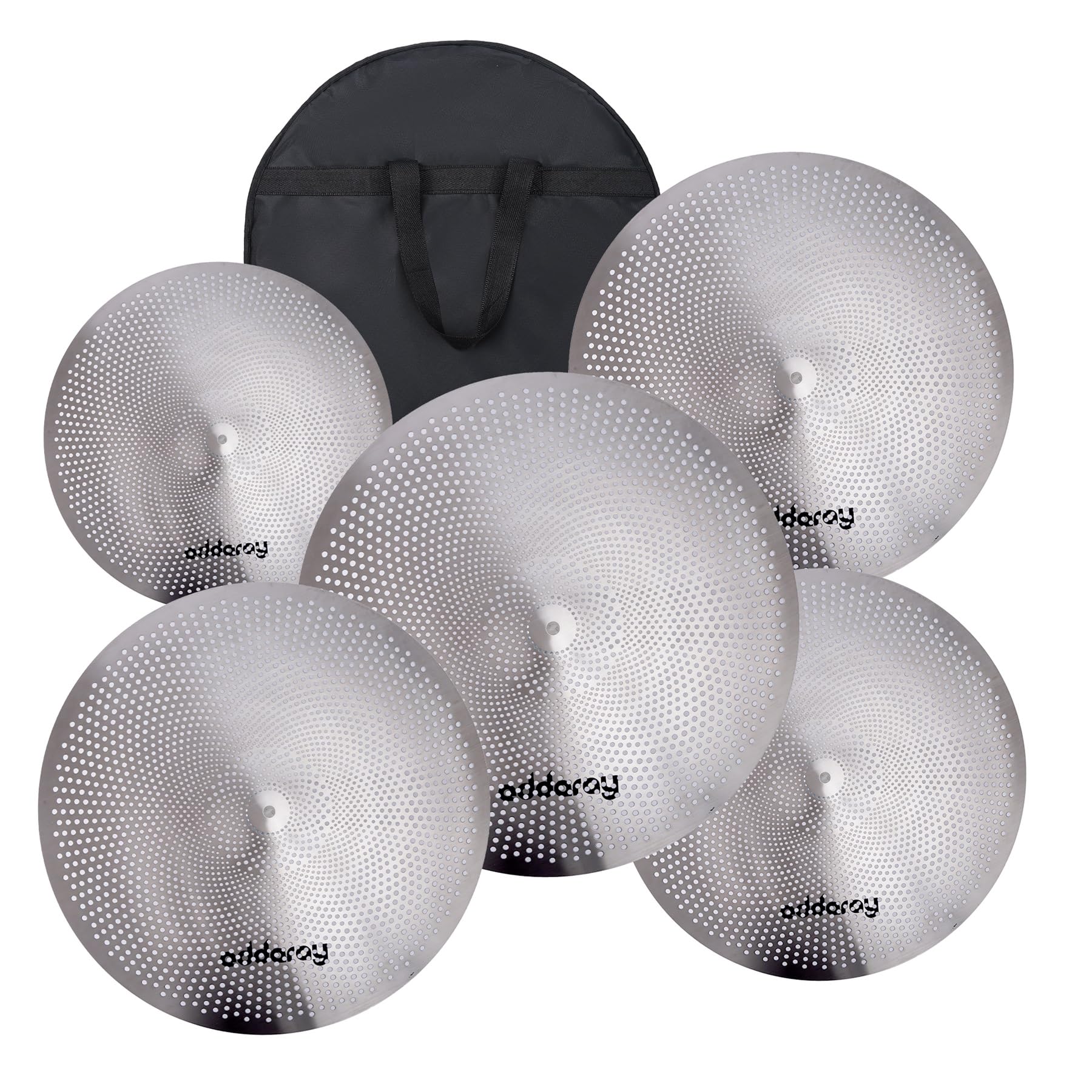 Low Volume Cymbal Pack - Mute Set 14' Hihats Pair, 16" Crash, 18' Crash, 20" Ride - 5 Pieces Drum Set for Quiet Practice With FREE Carry Bag, Chrome