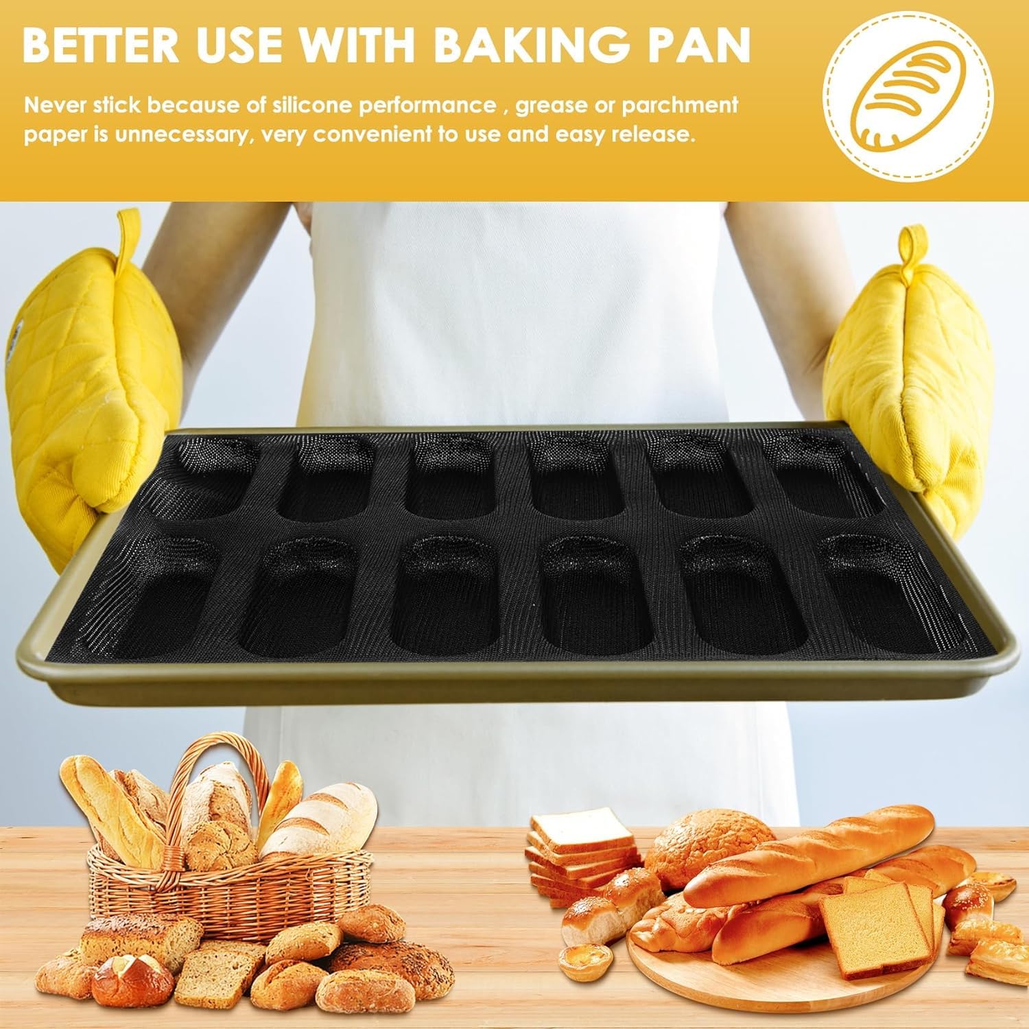 Moule à pain en silicone - Anti-adhésif - Perforé - Moule à pain français - Moule à hot dog - Moule à pain (12 loaf, noir)